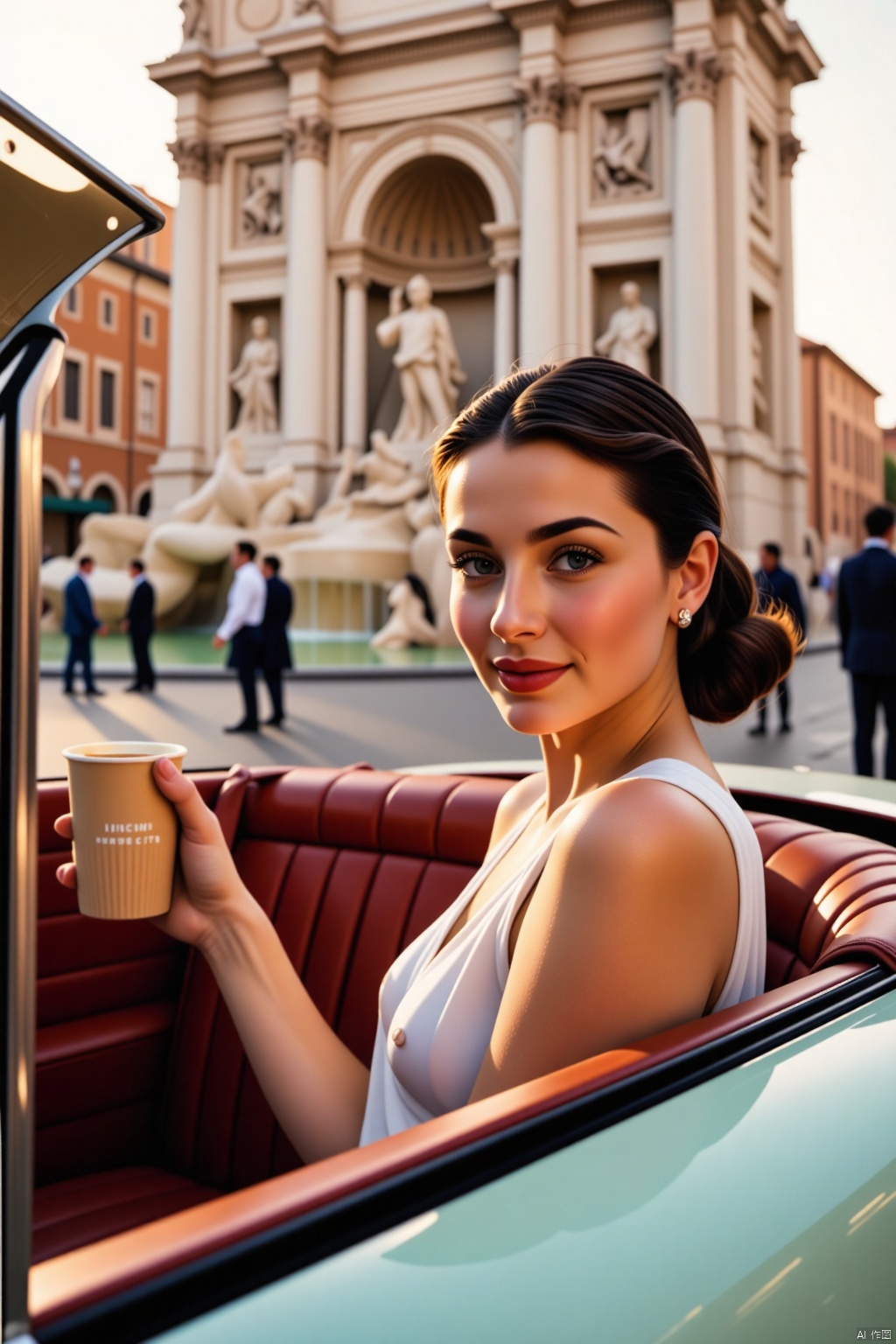 A classic scene from Roman Holiday (1953) features Audrey Hepburn as Princess Ann, She was driving a XiaomiSU7 car in Rome Square.The warm morning light casts a golden glow on her elegant features and the city's iconic landmarks. She leans forward, she has a cup of Honey Snow City milk tea in her hand.The Trevi Fountain's majestic columns and ornate details are visible behind her, blending harmoniously with the soft focus of the image.