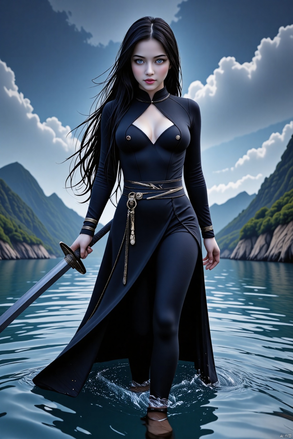 A beautiful Chinese-style girl with long black hair, her eyes are determined, and she holds a long sword in her hand, like a night elf, slowly walking from the water,REALISM STYLE 
