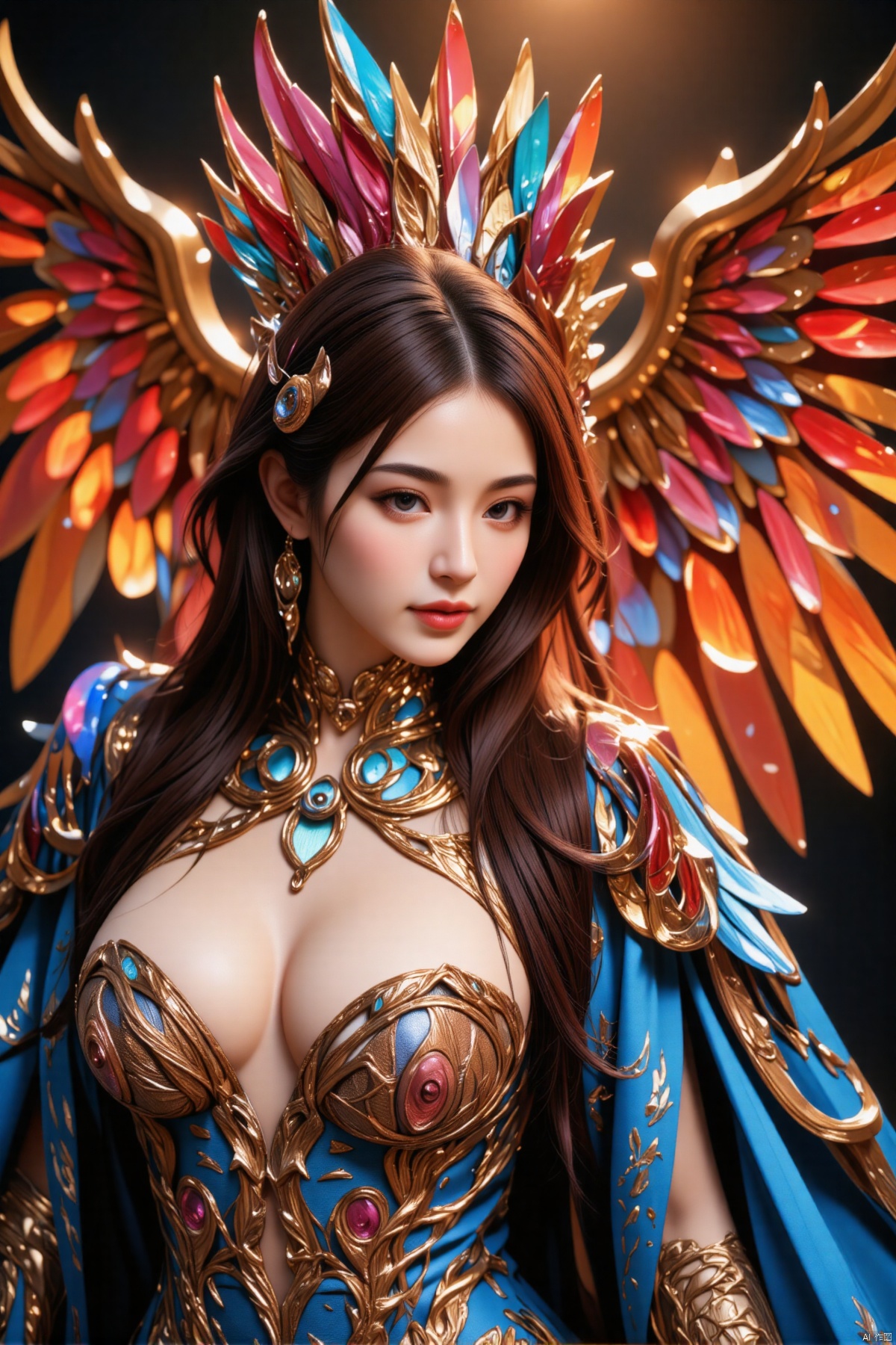 ZOZ_XUANHUAN
a woman is wearing a colorful, mirrored wings dress, in the style of global illumination, life-like avian illustrations, new british sculpture, unreal engine 5, stained-glass, light gold and red, high speed film
