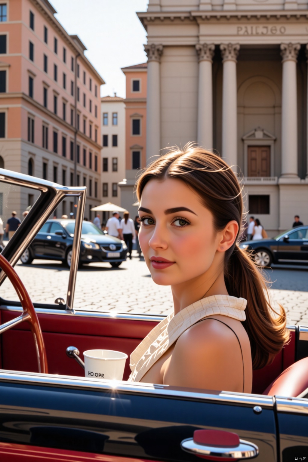 A classic scene from Roman Holiday (1953) features Audrey Hepburn as Princess Ann, She was driving a XiaomiSU7 car in Rome Square.The warm morning light casts a golden glow on her elegant features and the city's iconic landmarks. She leans forward, she has a cup of Honey Snow City milk tea in her hand.The Trevi Fountain's majestic columns and ornate details are visible behind her, blending harmoniously with the soft focus of the image.