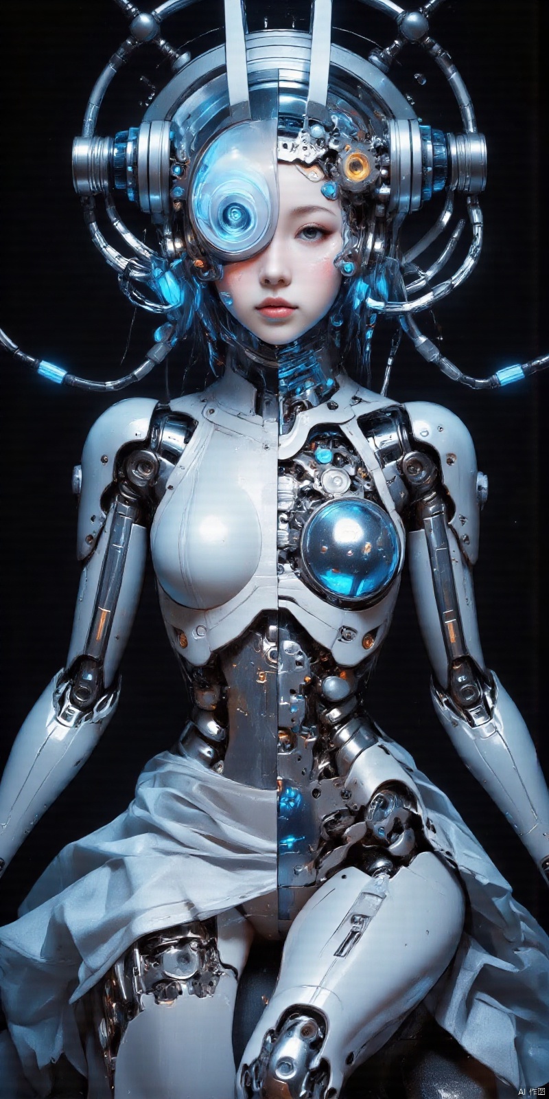 DJXG, in the foreground of the screen, there is a silver female robot sitting on a mechanical seat with her legs crossed.This mechanical seat is highly distinctive, with its overall frame made of high-strength metal. The metal surface has a delicate frosted texture, and under the illumination of light, it emits a faint cold light. The main body of the seat is embedded with a huge reinforced glass, which has extremely high transparency and allows for a clear view of the complex mechanical structure inside the seat from above.The mechanical structure beneath the glass resembles a precision small factory. Various uniquely shaped metal gears interlock with each other, and the large gear drives the small gear to operate in an orderly manner. The edges of the gears have exquisite serrated textures, and each serrated tooth seems to have been carefully polished. The metal rods crisscross, connecting different gears and mechanical components. These metal rods are engraved with fine scales and markings, as if expressing their importance. In the depths of the mechanical structure, there are some tiny pistons that move up and down in a regular manner, emitting a slight "hissing" sound, like the breathing of the entire machine. The armrest of the seat is also composed of metal and glass, and the outer side of the metal armrest has a streamlined design that conforms to ergonomics, providing excellent grip. The inside of the armrest is transparent glass, with blue energy light flashing and flowing inside, like an electric current shuttling through it, providing some mysterious energy support for the entire seat.Her left half showed humanoid physical features. The skin is delicate and smooth, with clear and distinguishable textures and a soft luster. The tiny pores are clearly visible, as delicate as real human skin. The expression on the left side of the face is vivid, the eyes are lively and sparkling, like stars, the eyebrows are naturally curved, the lips are a healthy flesh pink, the hair is soft and hanging on the shoulders, and the strands of hair are full of vitality, swaying slightly when the body is still. The muscle lines of this half of the body are smooth, and even when still, it seems to contain flexibility and vitality that can erupt at any time.Its right half is a futuristic mechanical structure. The cold and hard metal shell covers this half of the body, with a smooth and shiny surface, and the metal plates are tightly stitched together, just like carefully crafted mechanical armor. Mechanical joints are composed of various shapes of small gears, screws, metal rods, etc., with precise and complex structures. The mechanical textures at the joints seem to provide insight into the precise operation inside during movement. The internal circuit pipelines are interwoven and crisscrossed, with light blue light flowing through them, like blood in a mechanical body, providing energy to the right half of the body. The mechanical skeleton is like a sturdy frame of a building, strongly supporting the right half of the body. The right half of the eye is an electronic eye emitting cold light, which is like a blue flame, mysterious and highly technological.She was dressed in exquisite Hanfu, which fitted perfectly to her body, showcasing classical beauty everywhere.Behind her is a pure black background with a highly eye-catching brain computer interface device. This device has a metallic shell with complex patterns and flashing indicator lights. It is connected to the robot's head by many small wires, which resemble silver threads and stand out against a black background. These lines are like bridges for information transmission, connecting the robot's brain with unknown sources of information, implying that she may have super strong data processing abilities or the ability to interact with external consciousness, which makes her appear even more mysterious and unpredictable.The entire image was captured using high-definition photography techniques, with the photographer employing symmetrical composition centered around a female robot to create a symmetrical distribution of foreground and background. The image is balanced and stable, allowing viewers to fully experience the details and unique atmosphere of the picture from all angles.,W4RR10R,