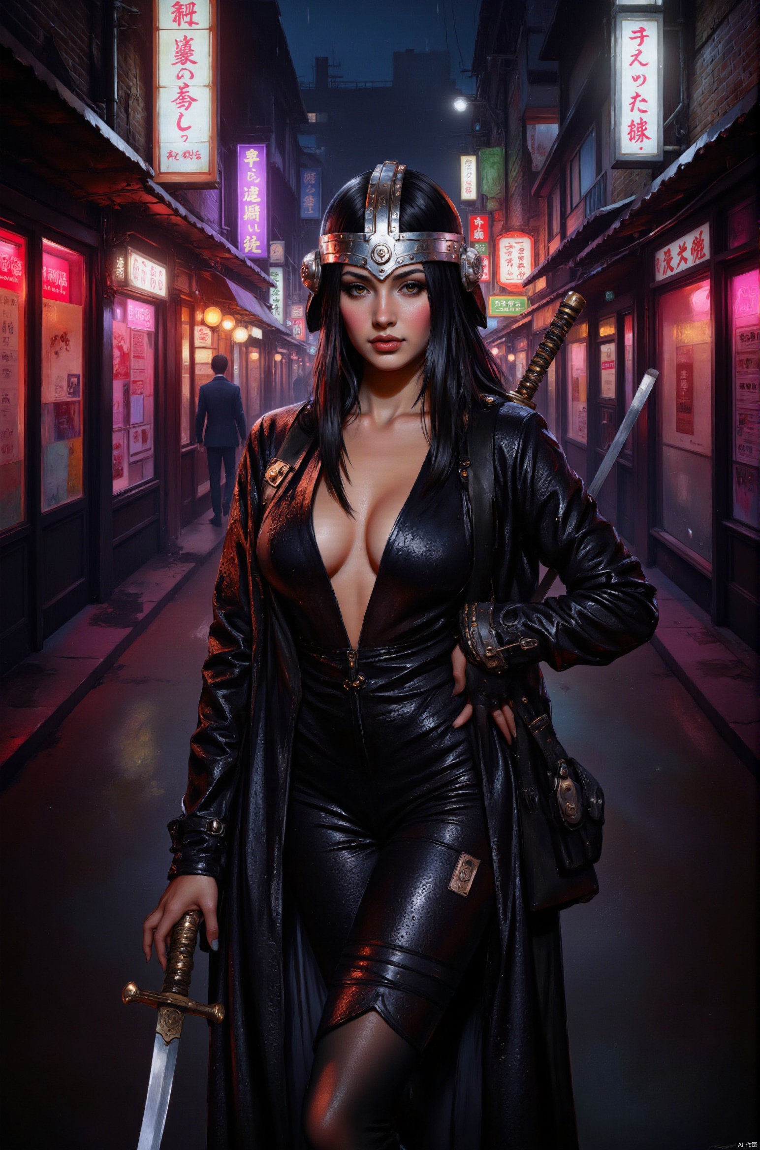 Japanese woman, medium cleavage, brown lipstick, long straight, platted black hair, medium metallic Kabuto Helmet, black metallic suit. Holding Katana Sword right hand, Katana Sword strapped to back. Synthwave City street, neon Japanese signs, raining. The scene is richly detailed with glowing lights, intricate tech, and dark alleys, high resolution.,AIDMAFLUXPROULTRA