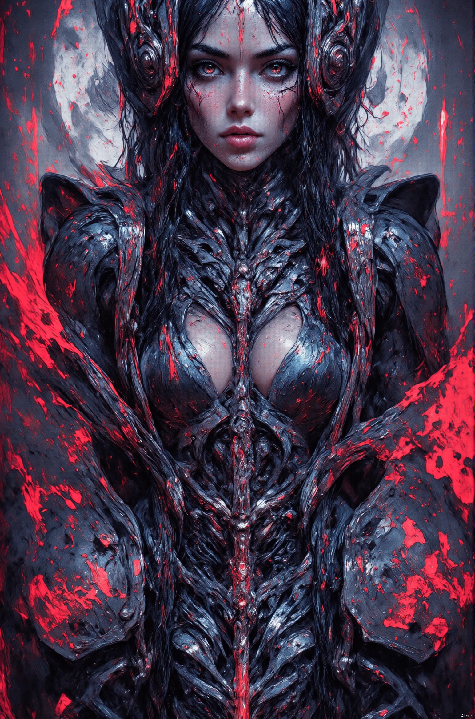 vibrant reflective holographic drawing in the style of ckhg, female cyberpunk robot samurai, robot face with mirrored face shield, hyperdetailed helmet, flowing black hair, reflective black and neon red SilverPulse armor, robot joints, body made of metals, cables and wires, a katana strapped to her back, abstract background suggesting eastern temple,AIDMAFLUXPROULTRA,DETAIL FACE,IMPROVED,MECHANICAL TRANSFORMATION,,MECHANICAL PARTS,,hkbeauty