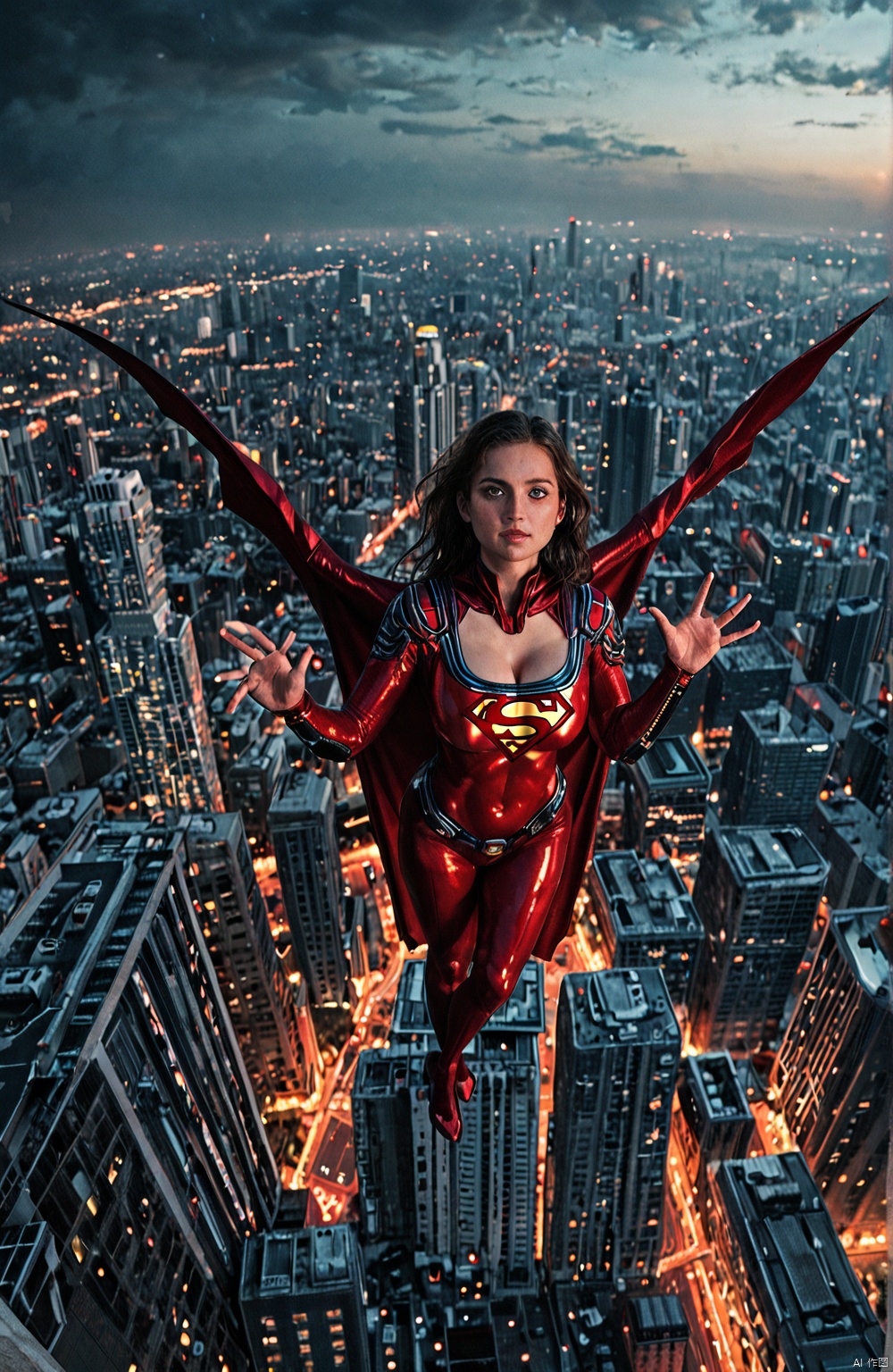 Superwoman, her entire body intricately modified with mechanical enhancements, hovers above the bustling skyline of New York City. Her metallic limbs and glowing red eyes contrast sharply against the night sky, casting eerie shadows upon the skyscrapers below. A fusion of advanced technology and classic superhero aesthetics, this figure exudes a sense of awe and unease. The composition of this picture is dynamic with Superman in the center, while the cityscape forms an intricate backdrop. The perspective structure is aerial, capturing the vastness of New York from above. Her mechanical enhancements include robotic wings that enable flight and glowing blue energy emanating from her chest, reminiscent of a high-tech Kryptonian power source. The scene is set during twilight, with soft ambient light reflecting off the city's buildings and creating a dramatic interplay between light and shadow. In this moment, Superman's primary action involves a subtle but powerful gesture – one arm extended towards a distant horizon, symbolizing his protection over humanity despite his altered form. This scene evokes feelings of both admiration and fear, inviting viewers to ponder the future direction of superhero legends in an increasingly technological world. The painting style is inspired by cyberpunk aesthetics with dark tones and vivid neon accents, paying homage to artists such as Syd Mead and H.R. Giger while also drawing from contemporary digital art trends seen on platforms like Pinterest and MidJourney. The overall effect aims to be visually stunning and thought-provoking, blending classic superhero imagery with futuristic technology in a way that is both beautiful and unsettling.,large natural breast,soft breasts,dlrb,qihuanmopan,hkgod,mohuan,huge Breasts,cleavage,bailing_lightning,hkbeauty,AIDMAFLUXPROULTRA,in the style of ckpf,,detailed city,GIGANTIC BREASTS,BLACK WINGS DARK ANGEL,score_9_up,score_8_up,score_7_up, Huge breasts,KYUYONGEOM score_9 score_8_up score_7_up