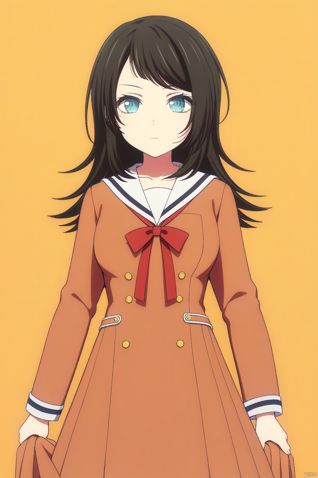 Yahata Umiri,black hair,long hair,blue eyes,bangs,swept bangs
sailor dress, double-breasted, brown dress, hanasakigawa school uniform