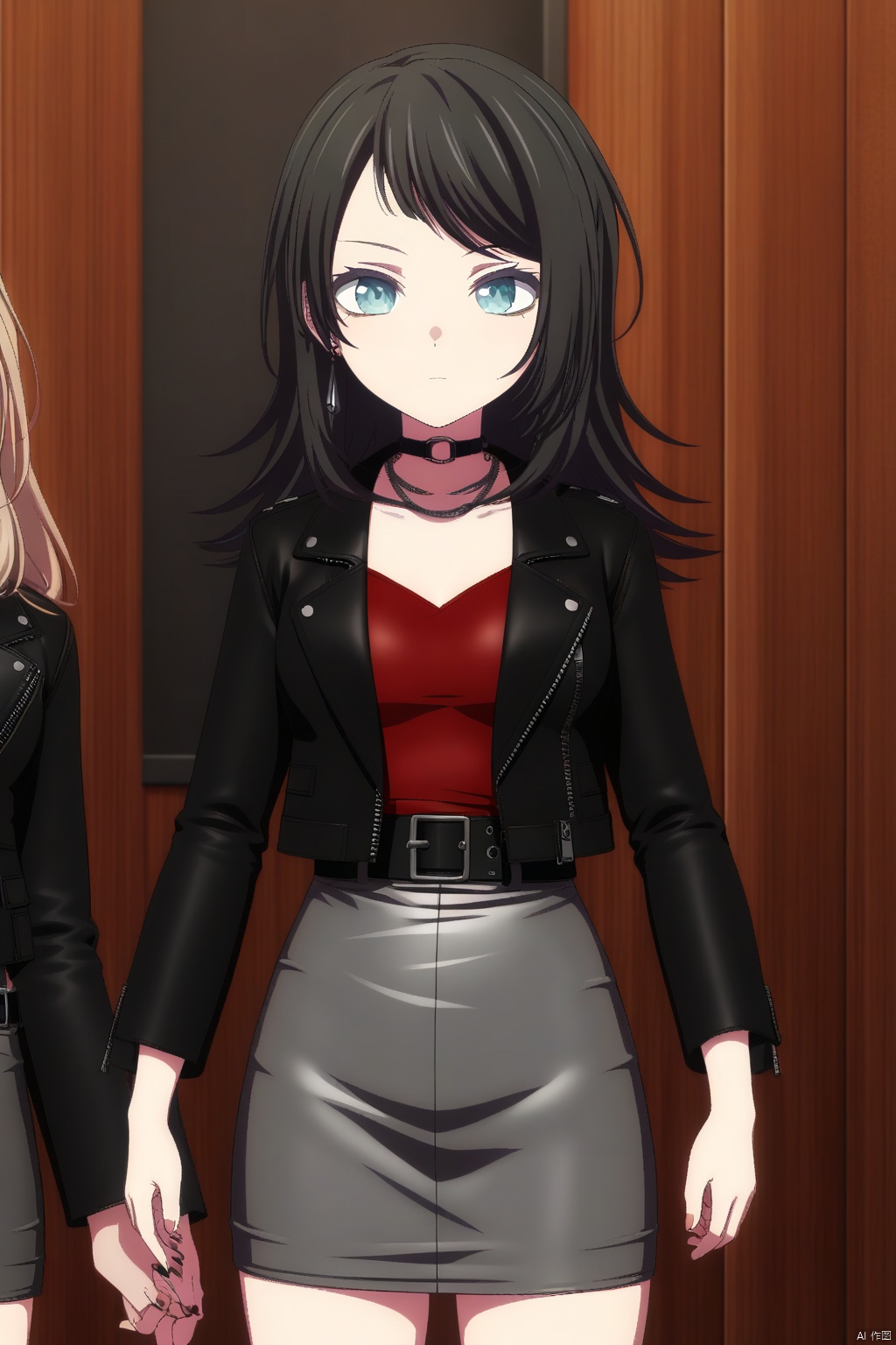 Yahata Umiri,black hair,long hair,blue eyes,bangs,swept bangs
skirt,jewelry,jacket,earrings,boots,choker,belt,black footwear,black jacket,red shirt,grey skirt,pencil skirt,leather,leather jacket
