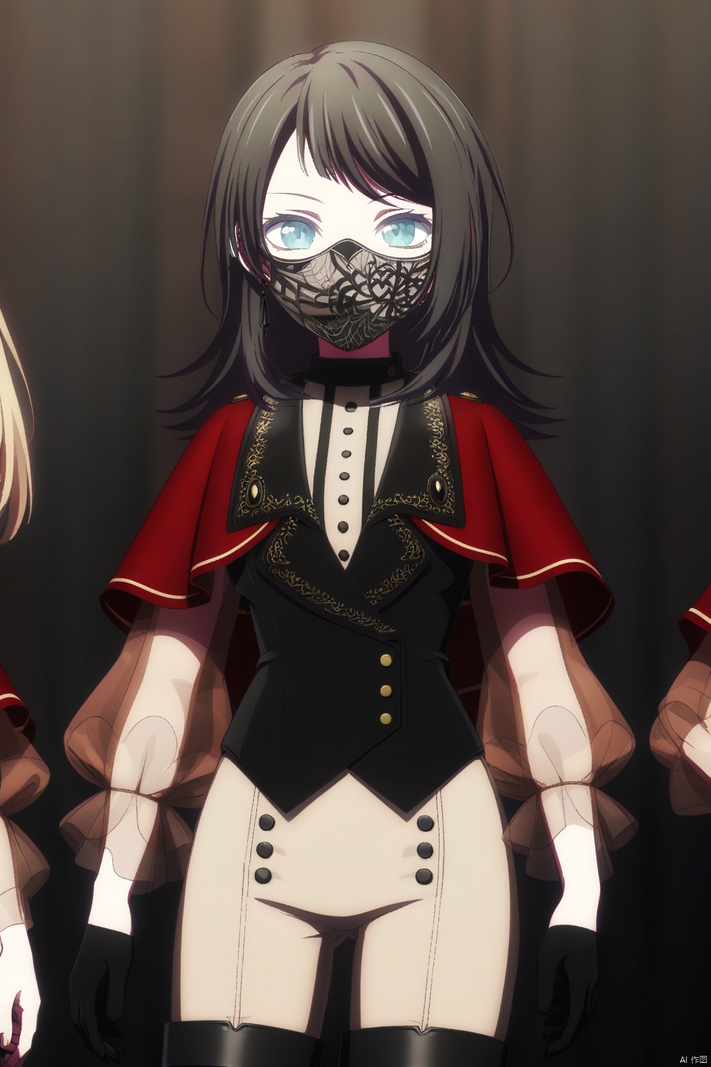 Yahata Umiri,black hair,long hair,blue eyes,bangs,swept bangs
thigh boots,boots,black gloves,black footwear,see-through,pants,red capelet,thighhighs,black vest,long sleeves,buttons,shirt,black earring,black_mask,