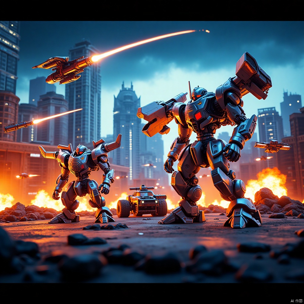 ,city,war background,mecha battlefield,war scene,chariot,robot,mecha warrior,Mech Battlefield,机甲战场,Battlefield of Mechs