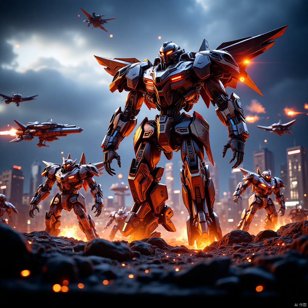 ,city,war background,mecha battlefield,war scene,chariot,robot,mecha warrior,Mech Battlefield,机甲战场,Battlefield of Mechs