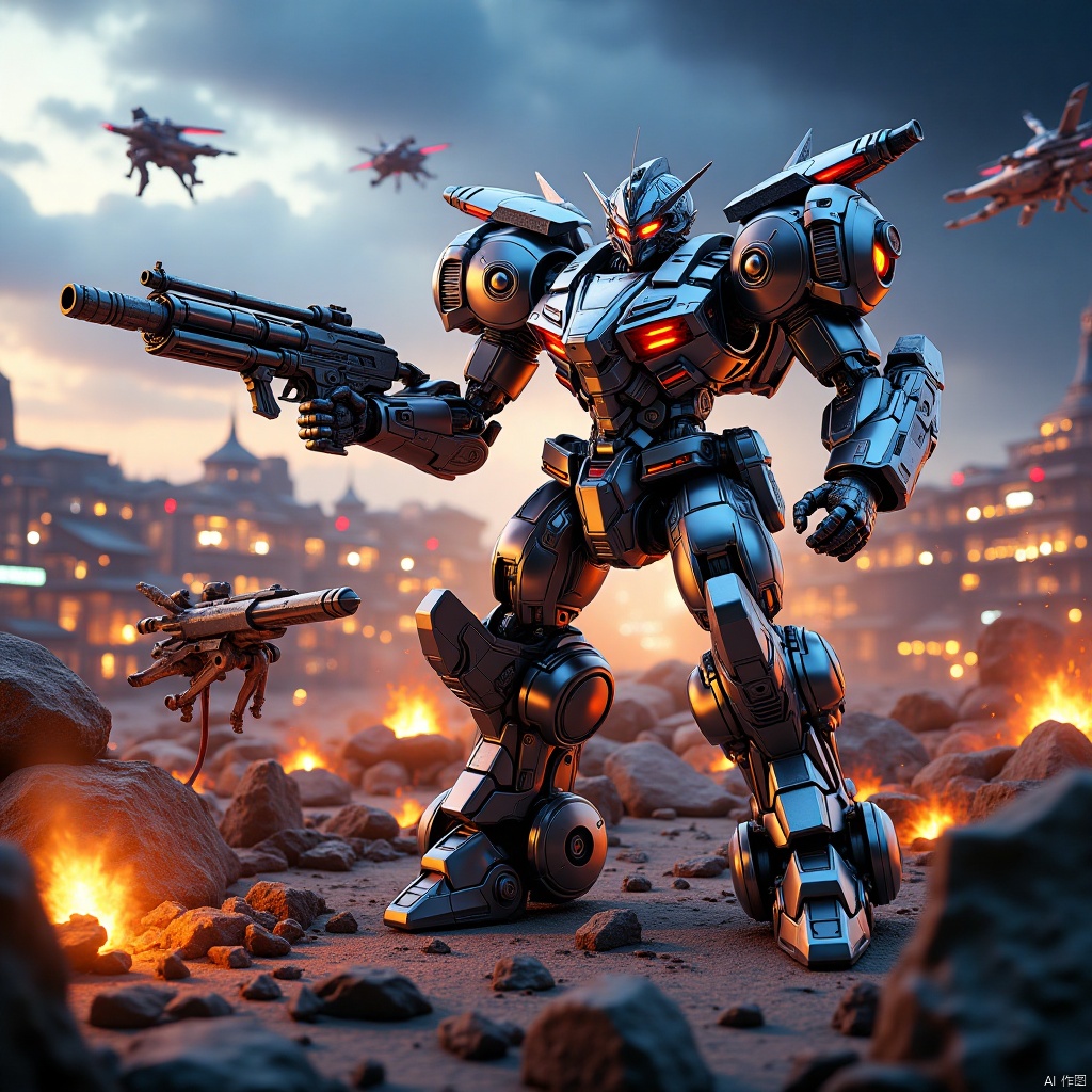 ,city,war background,mecha battlefield,war scene,chariot,robot,mecha warrior,Mech Battlefield,机甲战场,Battlefield of Mechs