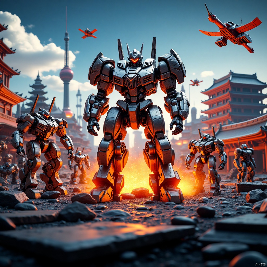 ,city,war background,mecha battlefield,war scene,chariot,robot,mecha warrior,Mech Battlefield,机甲战场,Battlefield of Mechs