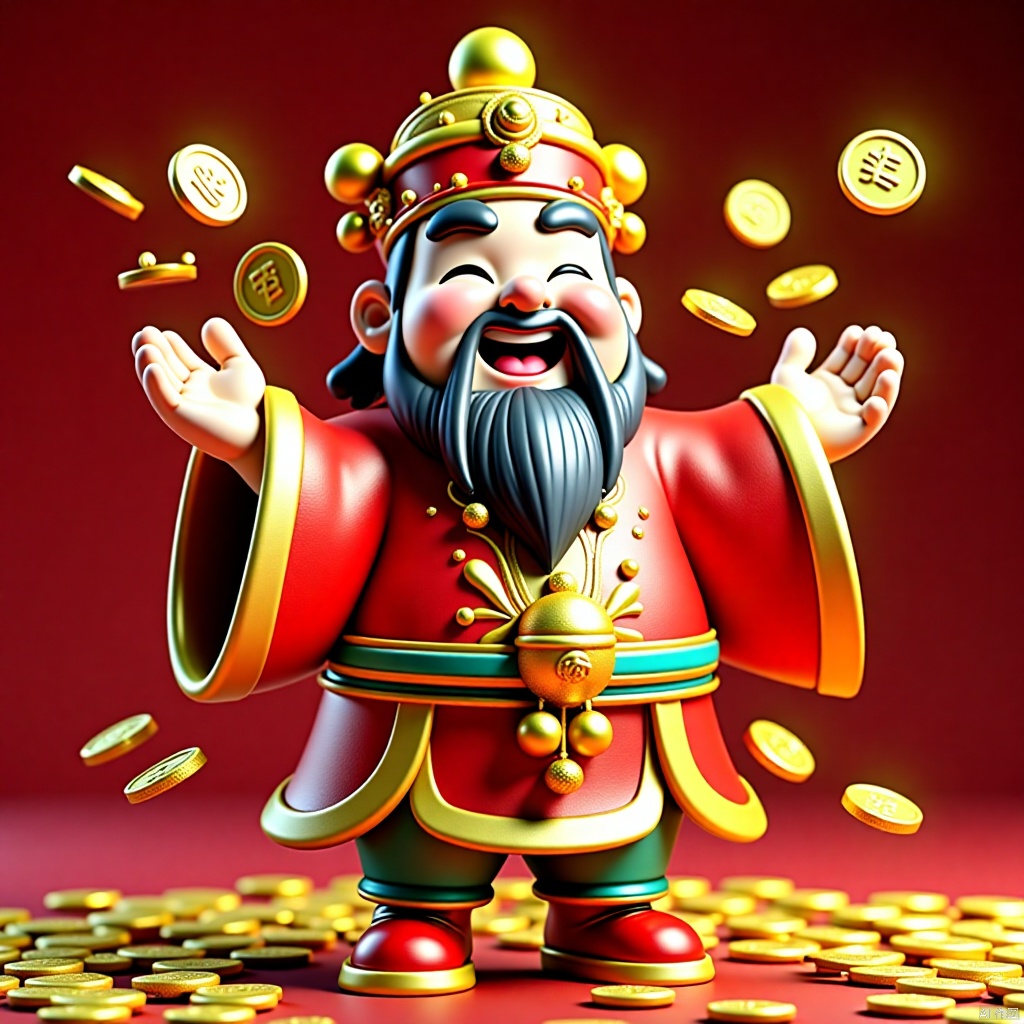 2025caishen, full body, Yuanbao drops gold coins shining, festive atmosphere, solo, blush, smile, smiling eyes, male focus, wide sleeves, beard, hat, Chinese dress, crown, beard, 3D modeling and rendering, high definition, detail enhancement,