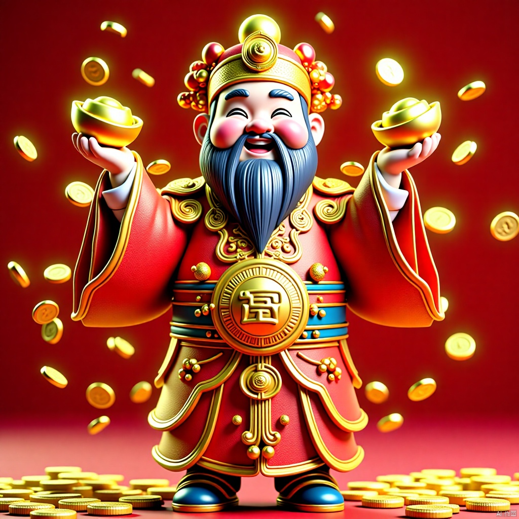 2025caishen, full body, Yuanbao drops gold coins shining, festive atmosphere, solo, blush, smile, smiling eyes, male focus, wide sleeves, beard, hat, Chinese dress, crown, beard, 3D modeling and rendering, high definition, detail enhancement,