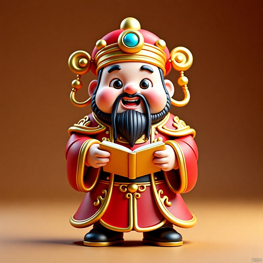 2025caishen, a medium-sized cartoon figure stands on a light brown surface. The figure's head is adorned with a red robe,adorned with gold embroidery,and a black mustache and beard. His eyes are large and black,and he's holding a book in his hands. His hands are positioned in front of him,while his mouth is slightly open. He's wearing a gold crown with a blue stone in the middle,adding a pop of color to the scene.,