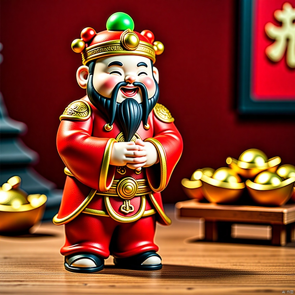 2025caishen, a Chinese statue stands on a wooden surface. The statue is adorned with a red robe,adorned with gold embroidery,and a black beard and mustache. Its eyes are closed,and its mouth is slightly open,as if it is smiling. Its hands are clasped in front of its body,and the statue's head is adorned in a red crown with a green light in the center,adding a pop of color to the scene. To the right of the statue,a wooden table with a bowl on top of it is filled with gold pots. In the background,a red Chinese sign can be seen.,