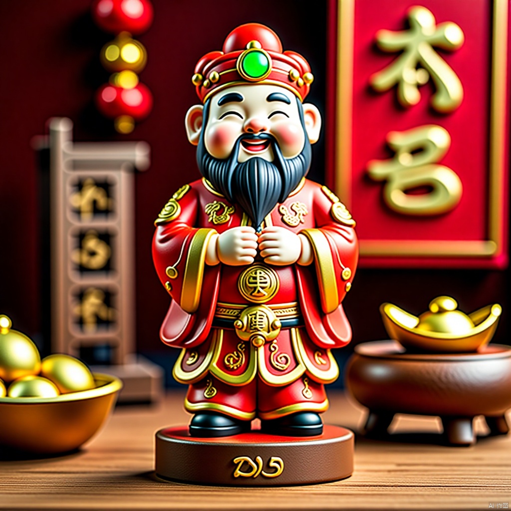 2025caishen, a Chinese statue stands on a wooden surface. The statue is adorned with a red robe,adorned with gold embroidery,and a black beard and mustache. Its eyes are closed,and its mouth is slightly open,as if it is smiling. Its hands are clasped in front of its body,and the statue's head is adorned in a red crown with a green light in the center,adding a pop of color to the scene. To the right of the statue,a wooden table with a bowl on top of it is filled with gold pots. In the background,a red Chinese sign can be seen.,