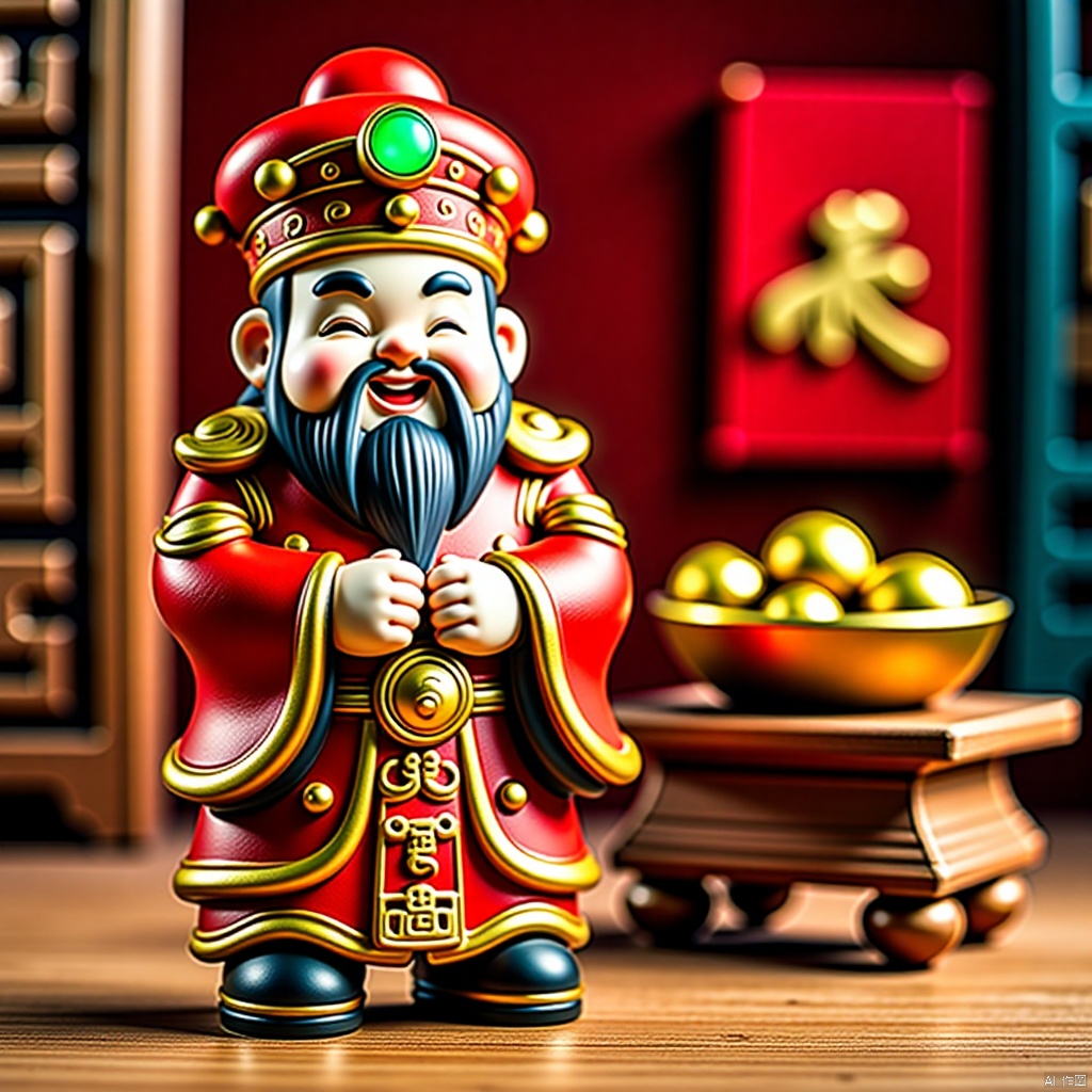 2025caishen, a Chinese statue stands on a wooden surface. The statue is adorned with a red robe,adorned with gold embroidery,and a black beard and mustache. Its eyes are closed,and its mouth is slightly open,as if it is smiling. Its hands are clasped in front of its body,and the statue's head is adorned in a red crown with a green light in the center,adding a pop of color to the scene. To the right of the statue,a wooden table with a bowl on top of it is filled with gold pots. In the background,a red Chinese sign can be seen.,