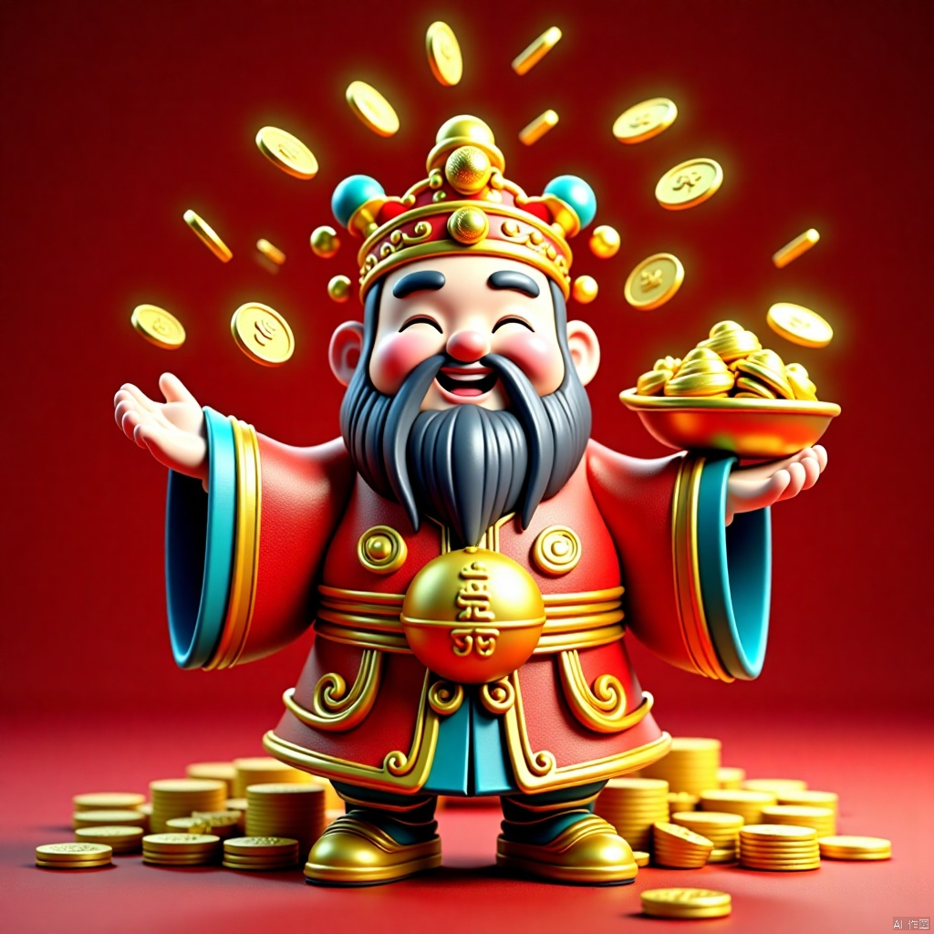 2025caishen, full body, Yuanbao drops gold coins shining, festive atmosphere, solo, blush, smile, smiling eyes, male focus, wide sleeves, beard, hat, Chinese dress, crown, beard, 3D modeling and rendering, high definition, detail enhancement,