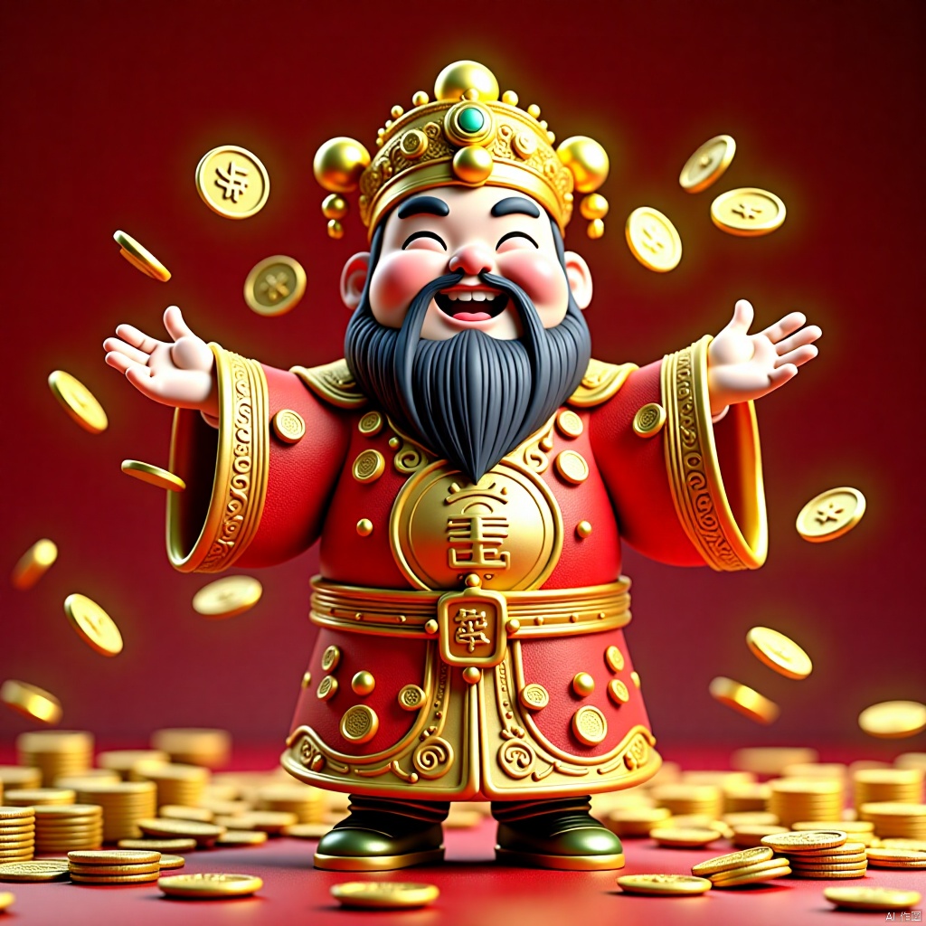 2025caishen, full body, Yuanbao drops gold coins shining, festive atmosphere, solo, blush, smile, smiling eyes, male focus, wide sleeves, beard, hat, Chinese dress, crown, beard, 3D modeling and rendering, high definition, detail enhancement,
