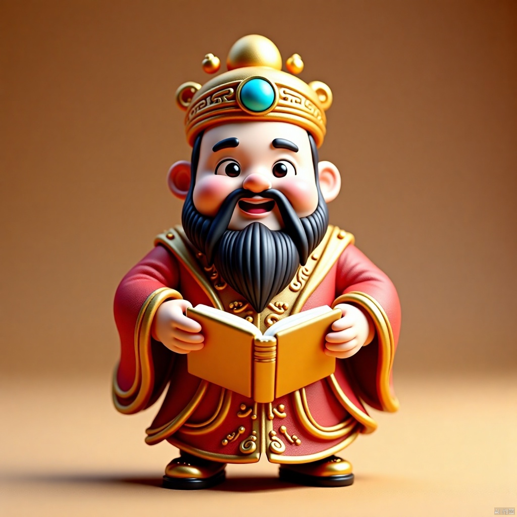2025caishen, a medium-sized cartoon figure stands on a light brown surface. The figure's head is adorned with a red robe,adorned with gold embroidery,and a black mustache and beard. His eyes are large and black,and he's holding a book in his hands. His hands are positioned in front of him,while his mouth is slightly open. He's wearing a gold crown with a blue stone in the middle,adding a pop of color to the scene.,
