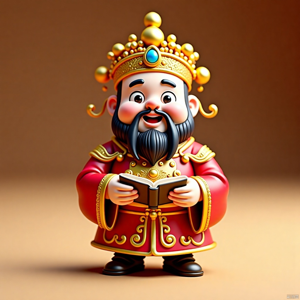 2025caishen, a medium-sized cartoon figure stands on a light brown surface. The figure's head is adorned with a red robe,adorned with gold embroidery,and a black mustache and beard. His eyes are large and black,and he's holding a book in his hands. His hands are positioned in front of him,while his mouth is slightly open. He's wearing a gold crown with a blue stone in the middle,adding a pop of color to the scene.,