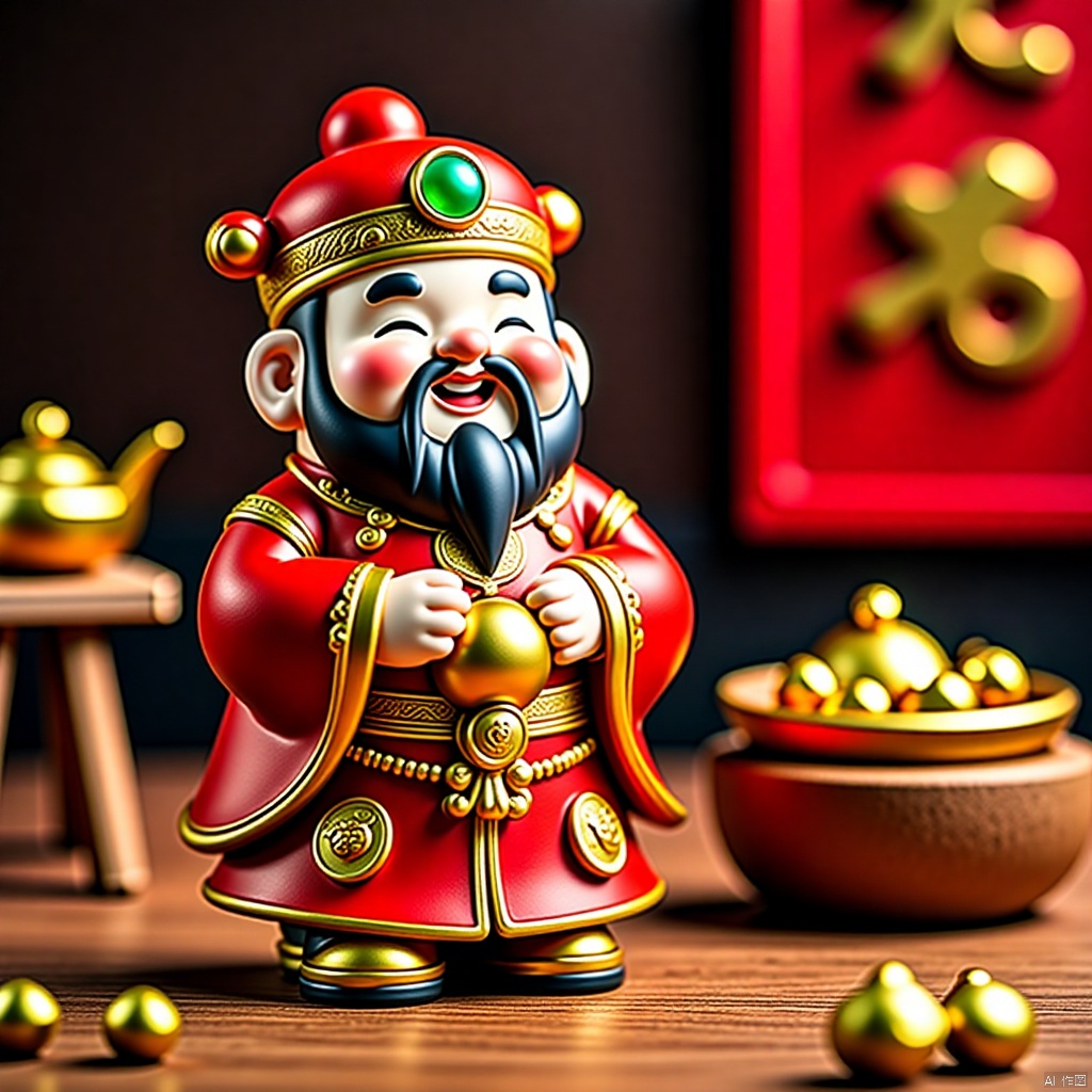 2025caishen, a Chinese statue stands on a wooden surface. The statue is adorned with a red robe,adorned with gold embroidery,and a black beard and mustache. Its eyes are closed,and its mouth is slightly open,as if it is smiling. Its hands are clasped in front of its body,and the statue's head is adorned in a red crown with a green light in the center,adding a pop of color to the scene. To the right of the statue,a wooden table with a bowl on top of it is filled with gold pots. In the background,a red Chinese sign can be seen.,
