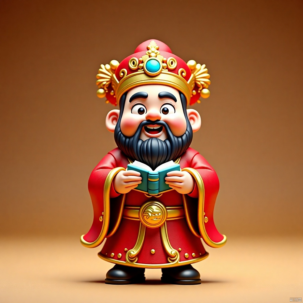 2025caishen, a medium-sized cartoon figure stands on a light brown surface. The figure's head is adorned with a red robe,adorned with gold embroidery,and a black mustache and beard. His eyes are large and black,and he's holding a book in his hands. His hands are positioned in front of him,while his mouth is slightly open. He's wearing a gold crown with a blue stone in the middle,adding a pop of color to the scene.,
