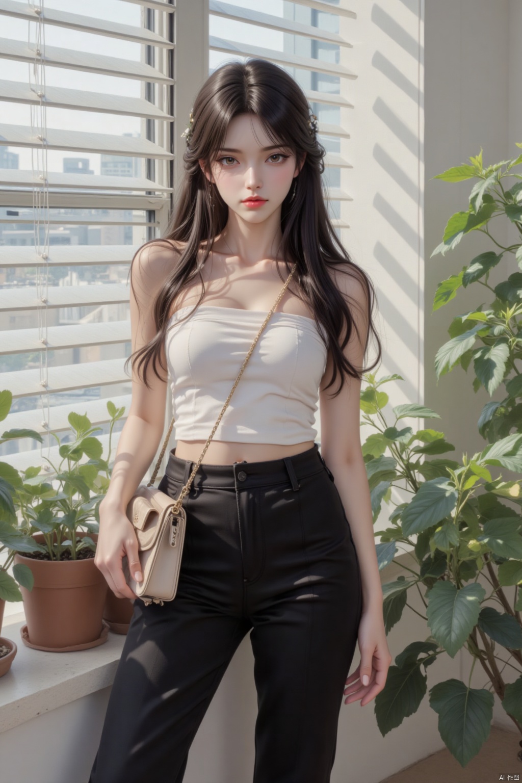1girl, solo, long hair, black hair, holding, bare shoulders, standing, pants, indoors, bag, lips, window, strapless, feet out of frame, black pants, plant, headwear removed, handbag, blinds