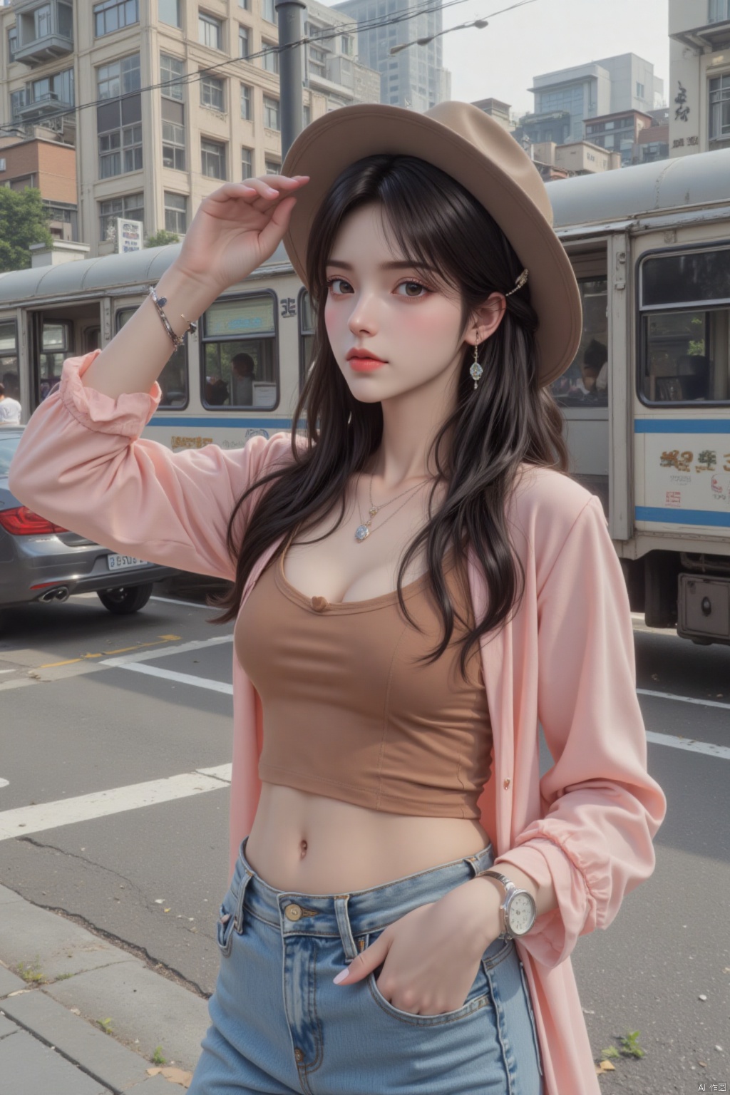 1girl, solo, long hair, looking at viewer, smile, black hair, hat, jewelry, earrings, outdoors, midriff, pants, necklace, bracelet, denim, ground vehicle, building, motor vehicle, watch, jeans, city, realistic, hand on headwear, car, photo background, train, real world location