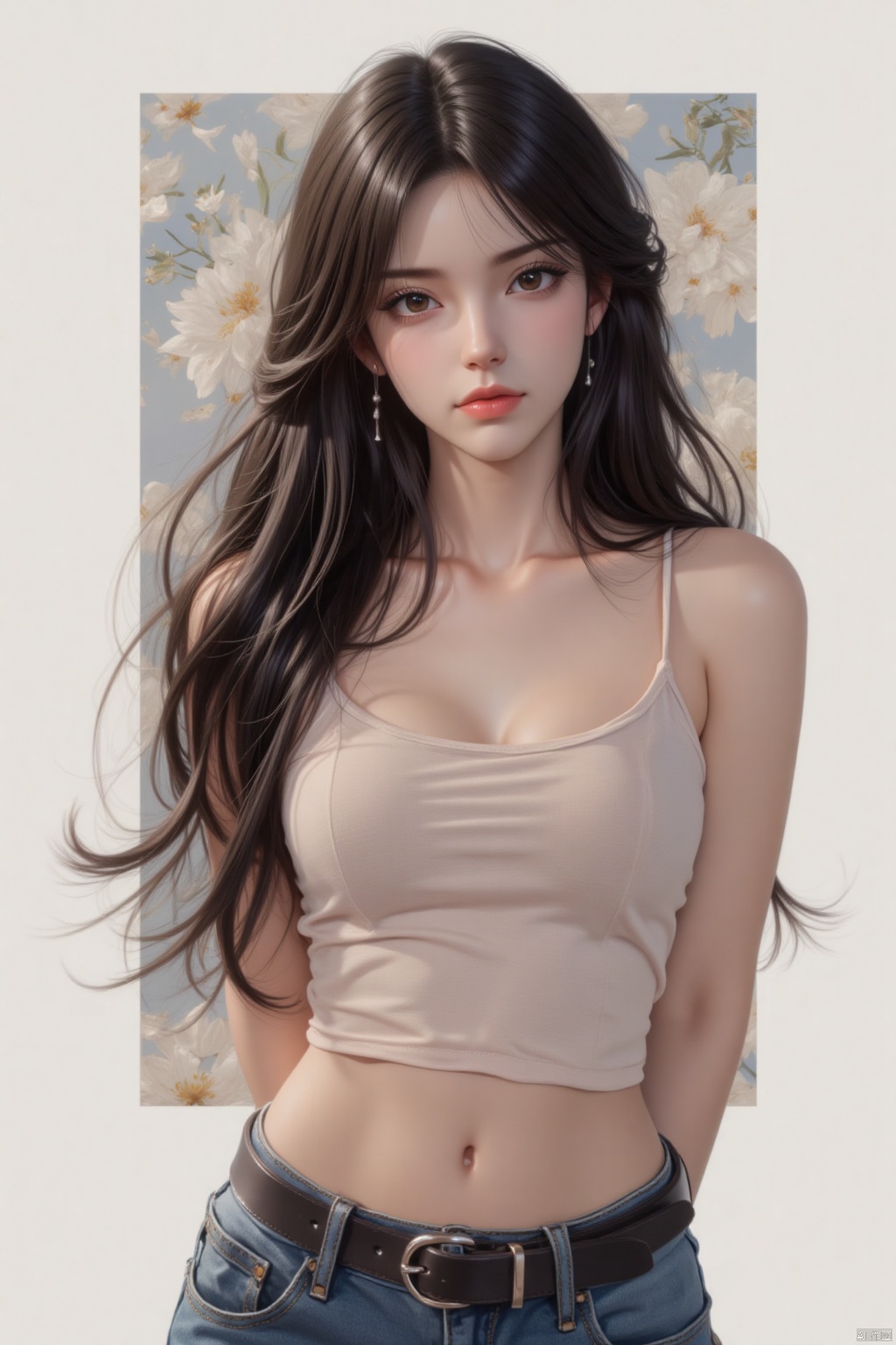 1girl, solo, long hair, looking at viewer, black hair, midriff, belt, black eyes, lips, arms behind back, photo background