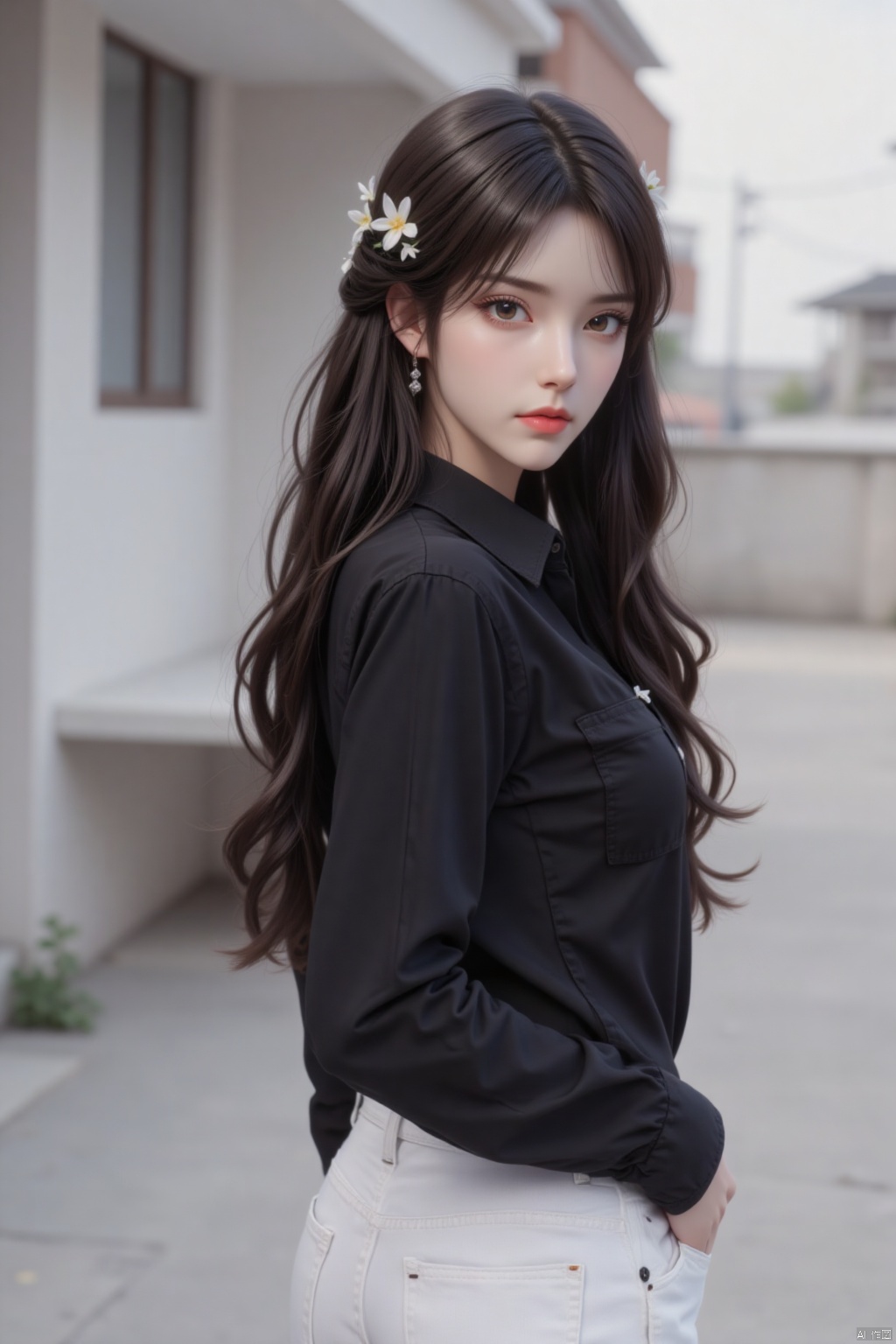 1girl, solo, long hair, breasts, looking at viewer, brown hair, shirt, black hair, hair ornament, long sleeves, brown eyes, jewelry, standing, ass, flower, cowboy shot, earrings, outdoors, looking back, pants, hair flower, from behind, blurry, lips, black shirt, clothing cutout, blurry background, denim, jeans, white pants, red lips