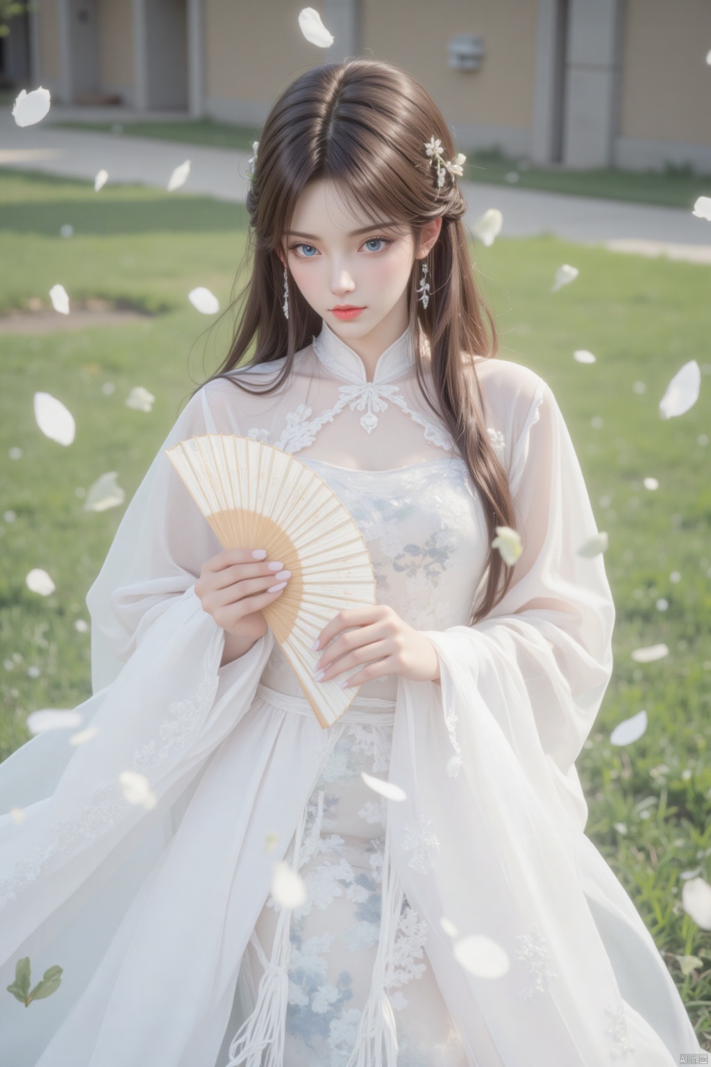 1girl, solo, long hair, blue eyes, brown hair, hair ornament, long sleeves, dress, holding, standing, flower, outdoors, day, wide sleeves, white dress, blurry, petals, chinese clothes, floral print, grass, tassel, hand fan, folding fan, holding fan, falling petals