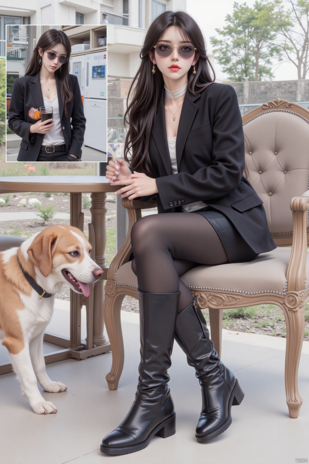 1girl, solo, long hair, black hair, jewelry, sitting, jacket, earrings, boots, outdoors, day, tongue, tongue out, necklace, black footwear, cosplay, chair, sunglasses, crossed legs, dog, realistic, photo background, reference inset, photo inset