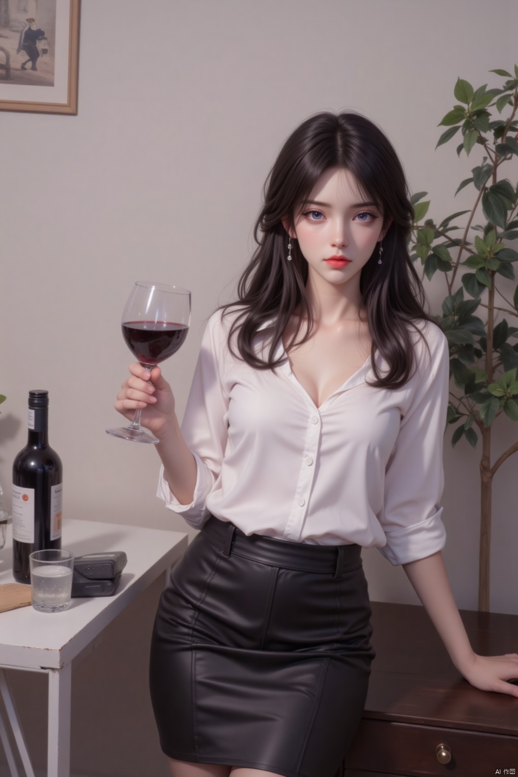1girl, solo, long hair, breasts, looking at viewer, blue eyes, skirt, shirt, black hair, cleavage, standing, purple eyes, white shirt, pantyhose, indoors, black skirt, cup, table, bottle, plant, alcohol, sleeves rolled up, drinking glass, pencil skirt, wine glass, wine bottle