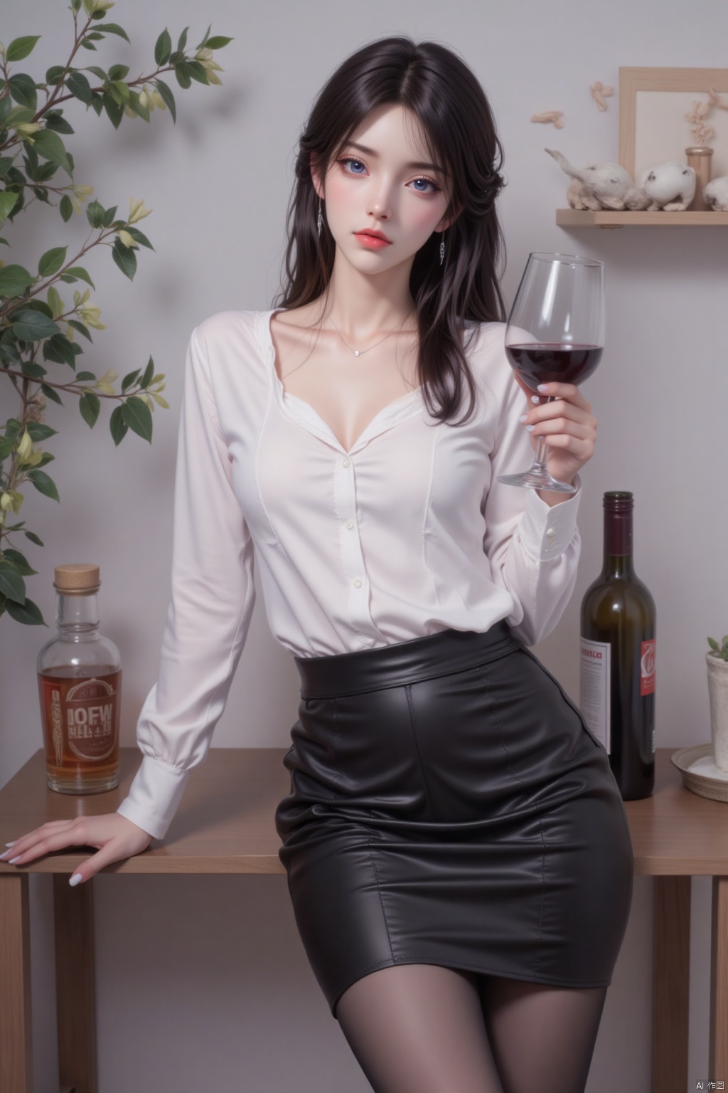 1girl, solo, long hair, breasts, looking at viewer, blue eyes, skirt, shirt, black hair, cleavage, standing, purple eyes, white shirt, pantyhose, indoors, black skirt, cup, table, bottle, plant, alcohol, sleeves rolled up, drinking glass, pencil skirt, wine glass, wine bottle