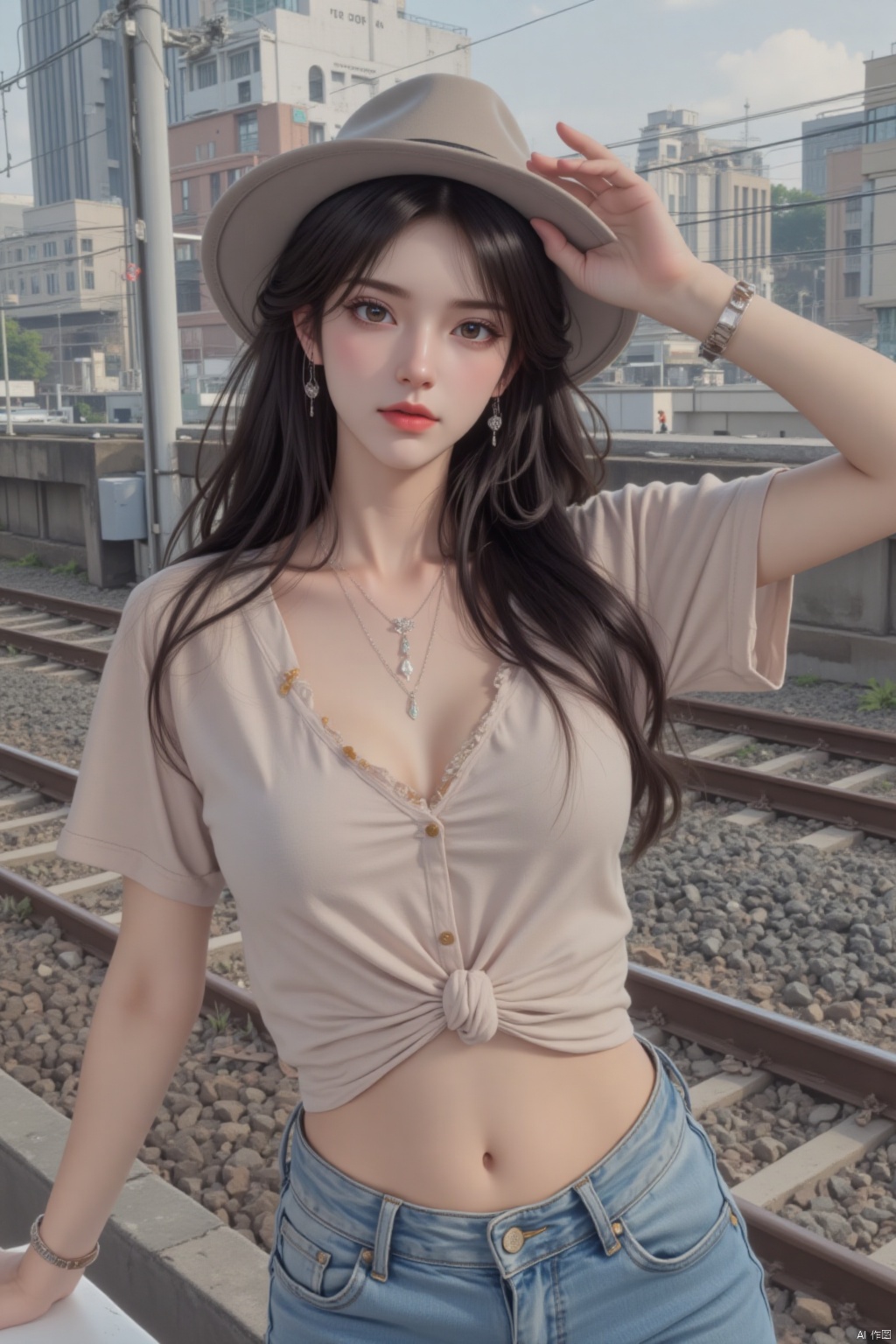 1girl, solo, long hair, looking at viewer, smile, black hair, hat, jewelry, earrings, outdoors, midriff, pants, necklace, bracelet, denim, ground vehicle, building, motor vehicle, watch, jeans, city, realistic, hand on headwear, car, photo background, train, real world location