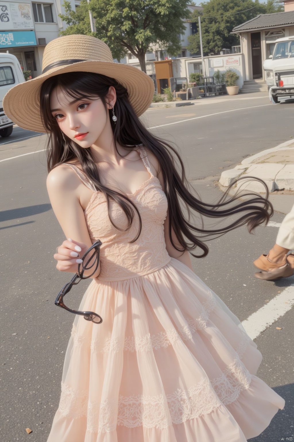 1girl, long hair, looking at viewer, smile, black hair, hat, dress, holding, jewelry, earrings, outdoors, solo focus, sunglasses, ground vehicle, realistic, straw hat, sundress, eyewear removed, holding eyewear, photo background