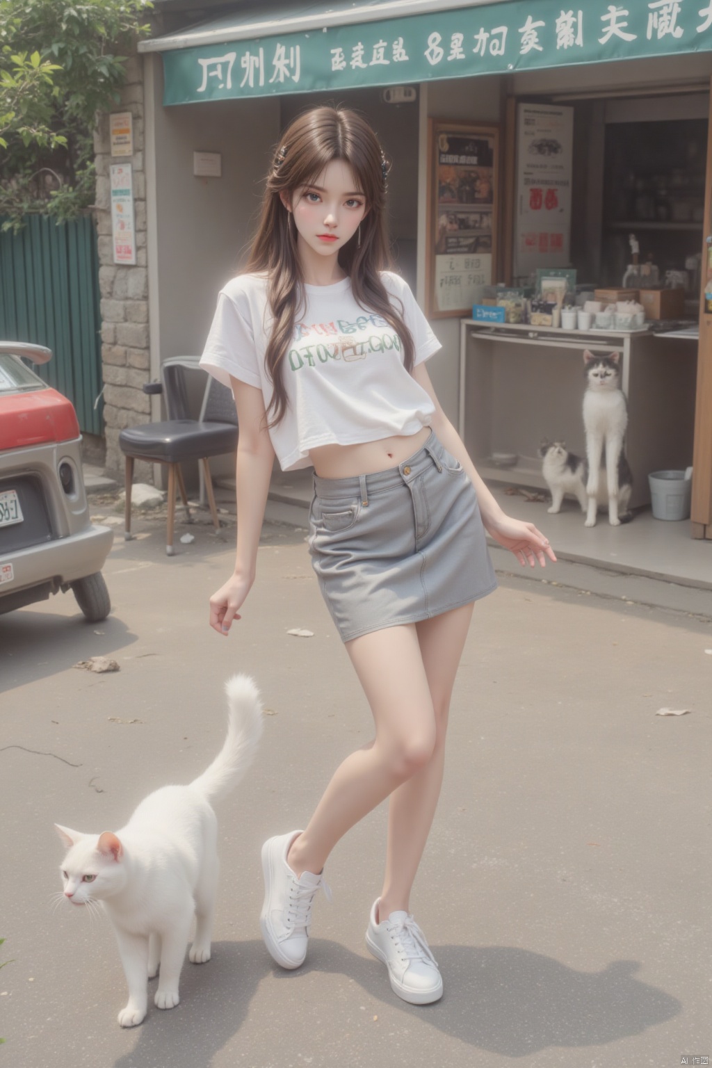 1girl, solo, long hair, breasts, looking at viewer, skirt, brown hair, shirt, brown eyes, standing, full body, braid, outdoors, shoes, midriff, cat, white footwear, sneakers, grey skirt, photo background