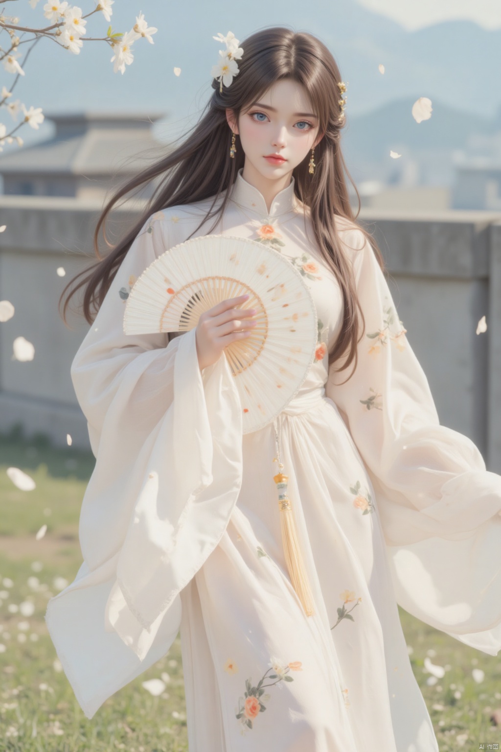 1girl, solo, long hair, blue eyes, brown hair, hair ornament, long sleeves, dress, holding, standing, flower, outdoors, day, wide sleeves, white dress, blurry, petals, chinese clothes, floral print, grass, tassel, hand fan, folding fan, holding fan, falling petals