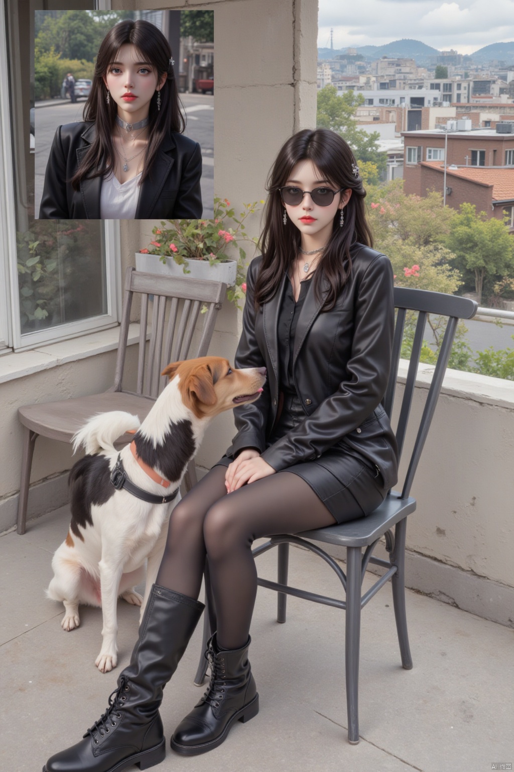 1girl, solo, long hair, black hair, jewelry, sitting, jacket, earrings, boots, outdoors, day, tongue, tongue out, necklace, black footwear, cosplay, chair, sunglasses, crossed legs, dog, realistic, photo background, reference inset, photo inset