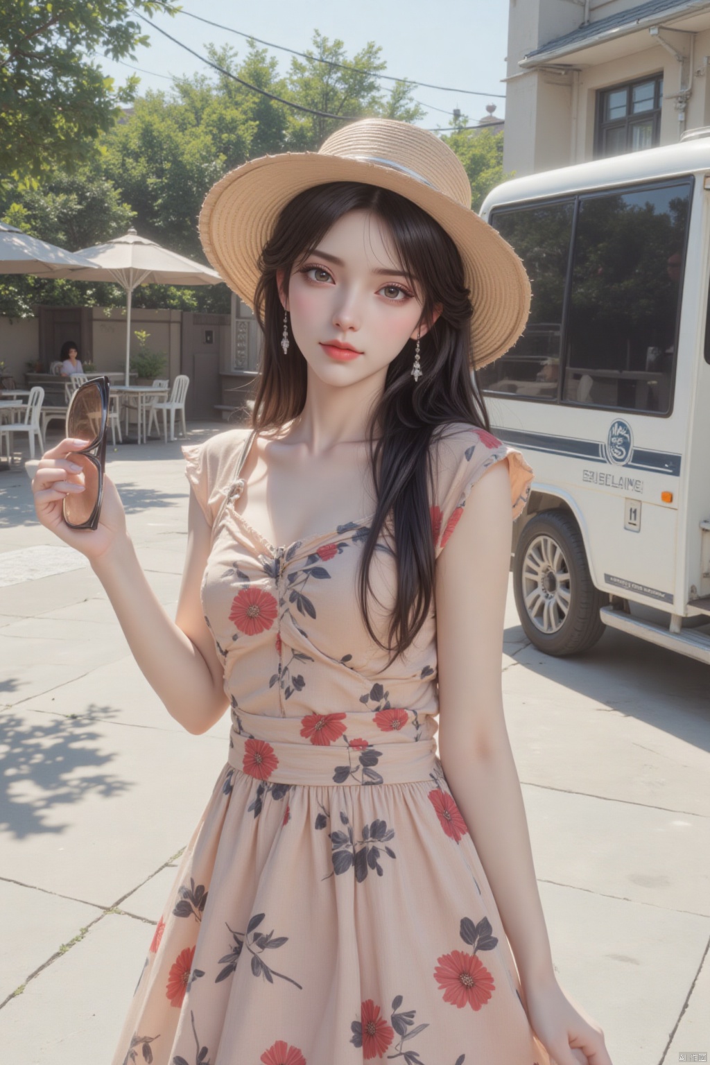 1girl, long hair, looking at viewer, smile, black hair, hat, dress, holding, jewelry, earrings, outdoors, solo focus, sunglasses, ground vehicle, realistic, straw hat, sundress, eyewear removed, holding eyewear, photo background