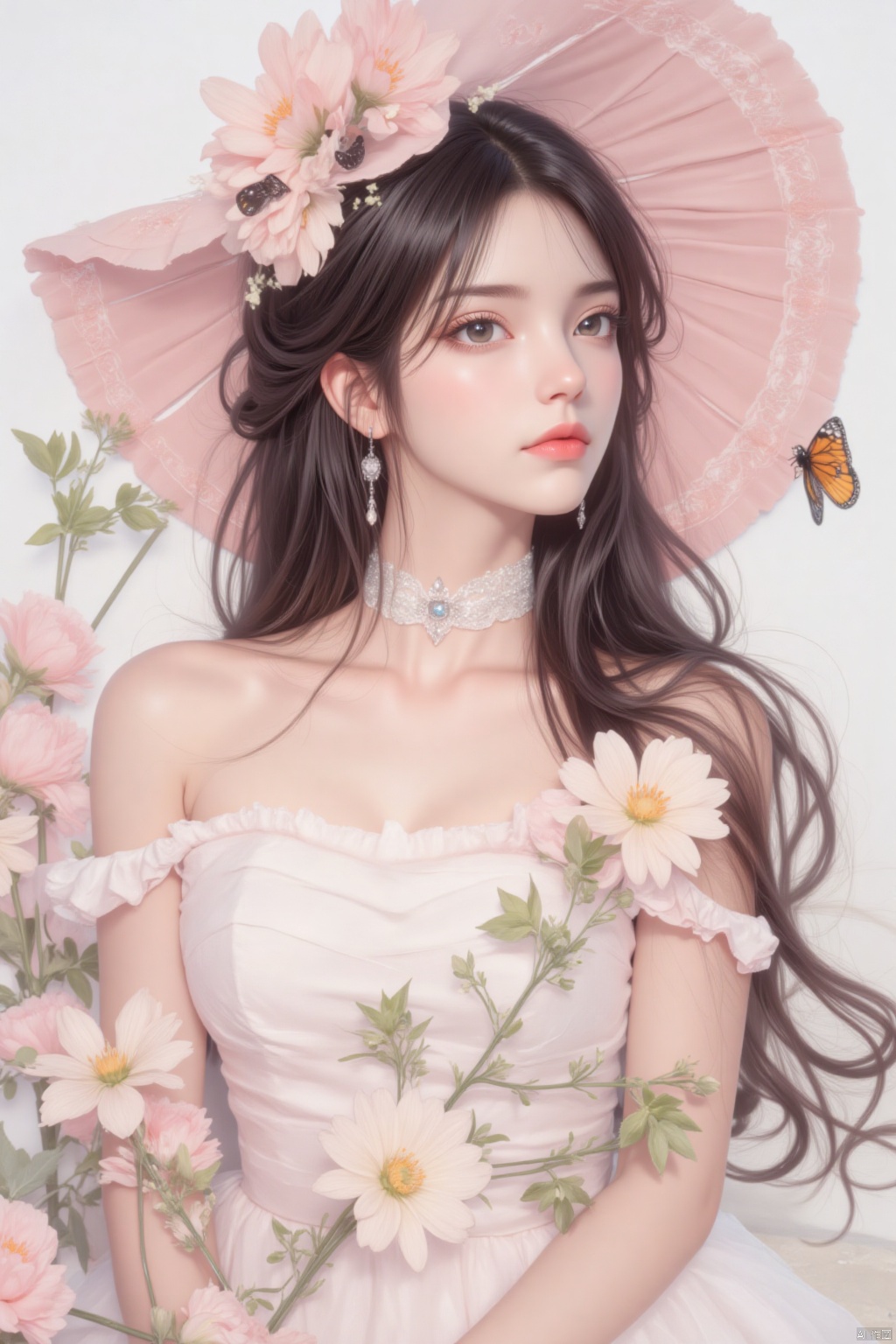 1girl, solo, long hair, breasts, black hair, hat, dress, bare shoulders, jewelry, upper body, flower, earrings, day, white dress, strapless, detached collar, bug, butterfly, strapless dress, pink flower, bouquet, pink headwear