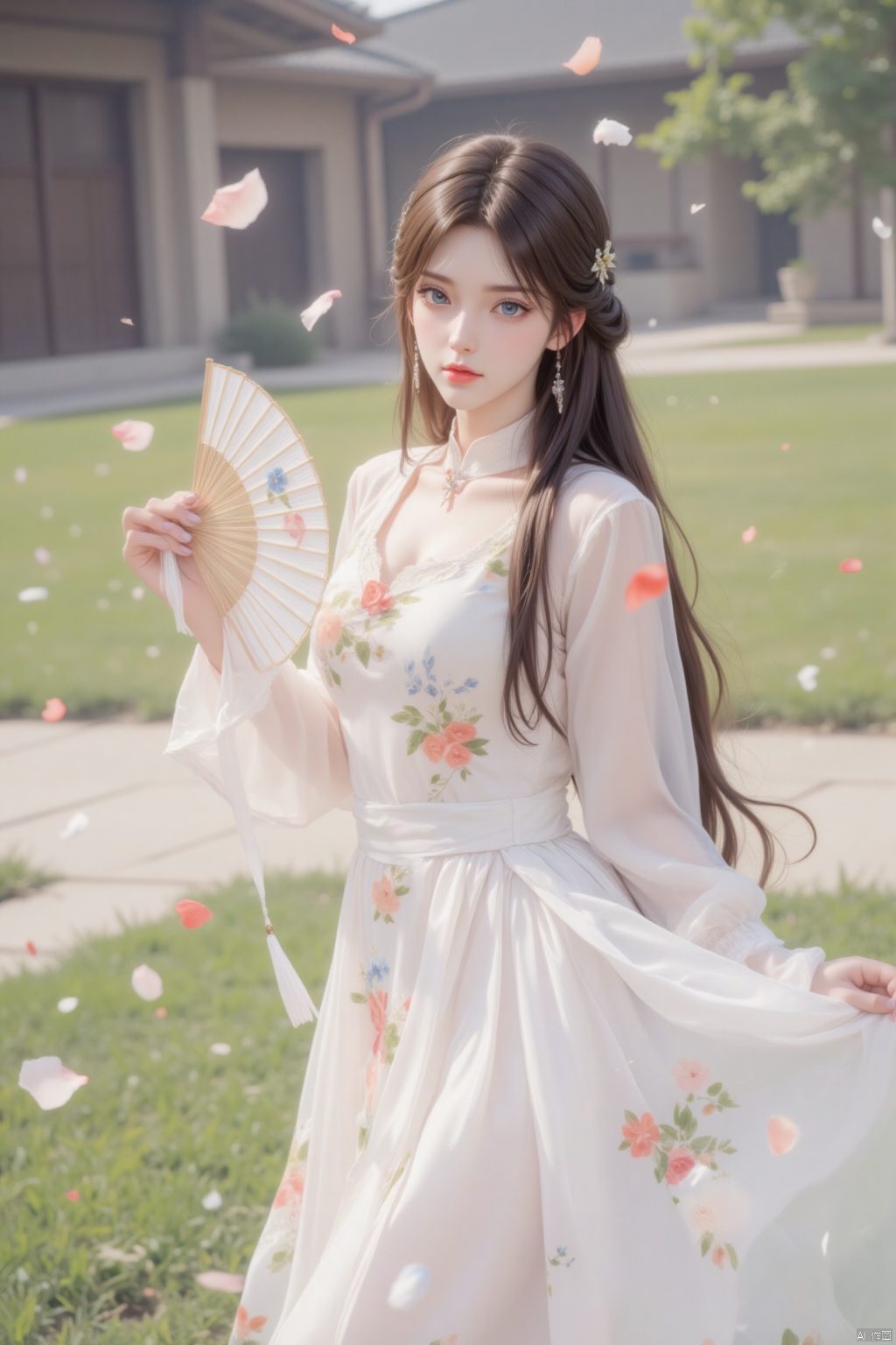 1girl, solo, long hair, blue eyes, brown hair, hair ornament, long sleeves, dress, holding, standing, flower, outdoors, day, wide sleeves, white dress, blurry, petals, chinese clothes, floral print, grass, tassel, hand fan, folding fan, holding fan, falling petals