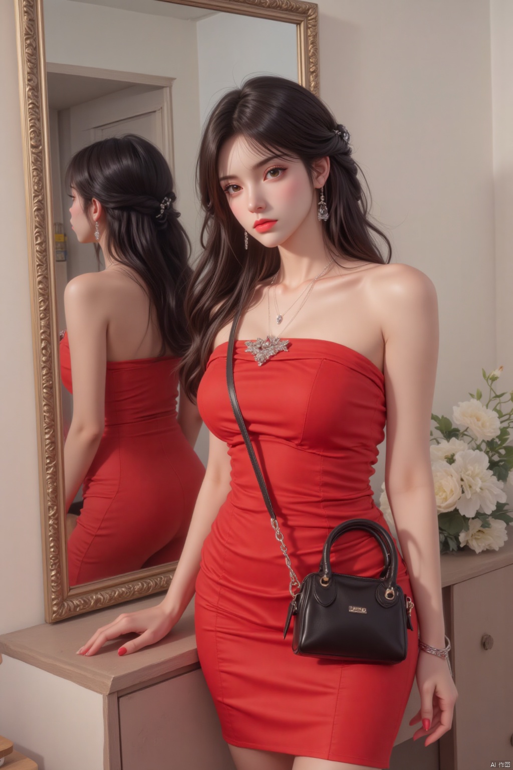 1girl, solo, long hair, breasts, looking at viewer, black hair, dress, bare shoulders, jewelry, earrings, indoors, necklace, bag, bracelet, strapless, red dress, strapless dress, red nails, reflection, mirror, red lips