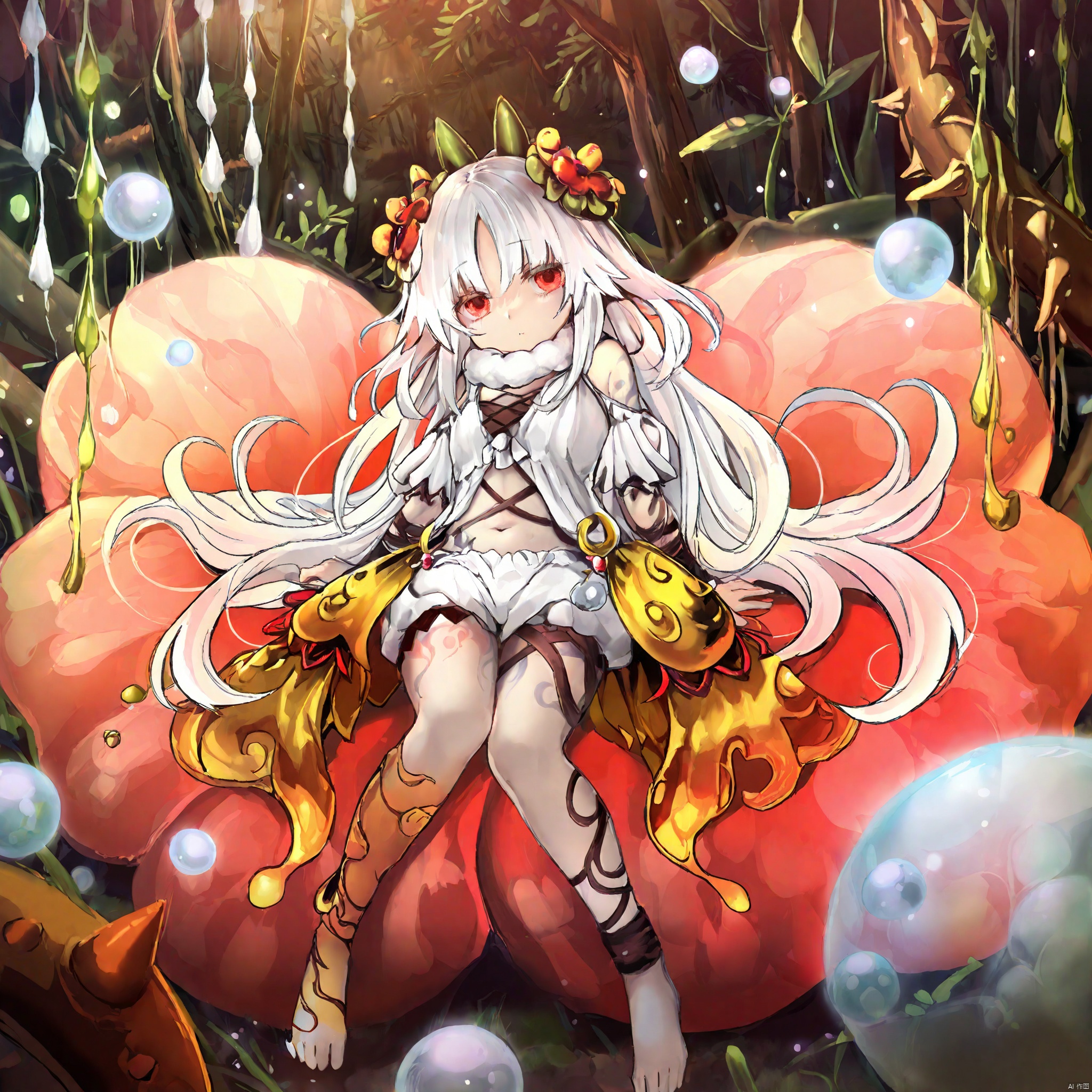 masterpiece,best quality,illustration, Traptrix, 1girl, looking at viewer, full body, barefoot, cotton background, cotton clothing, white hair, navel, tattoos, forest, bubble,