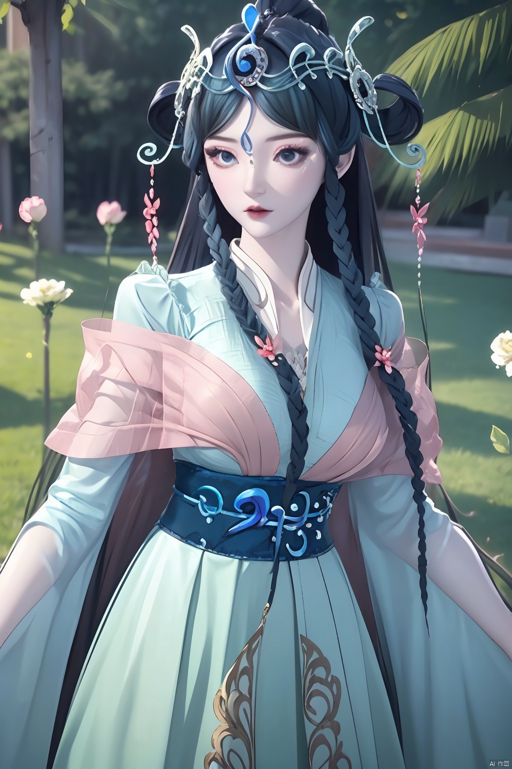 
upper body,flower field,

1girl, solo, long hair,  hair ornament, long sleeves, dress,  braid, twin braids, sash, blue dress, hair rings,Blue black hair,masterpiece,best quality,official art,extremely detailed CG unity 8k wallpaper,