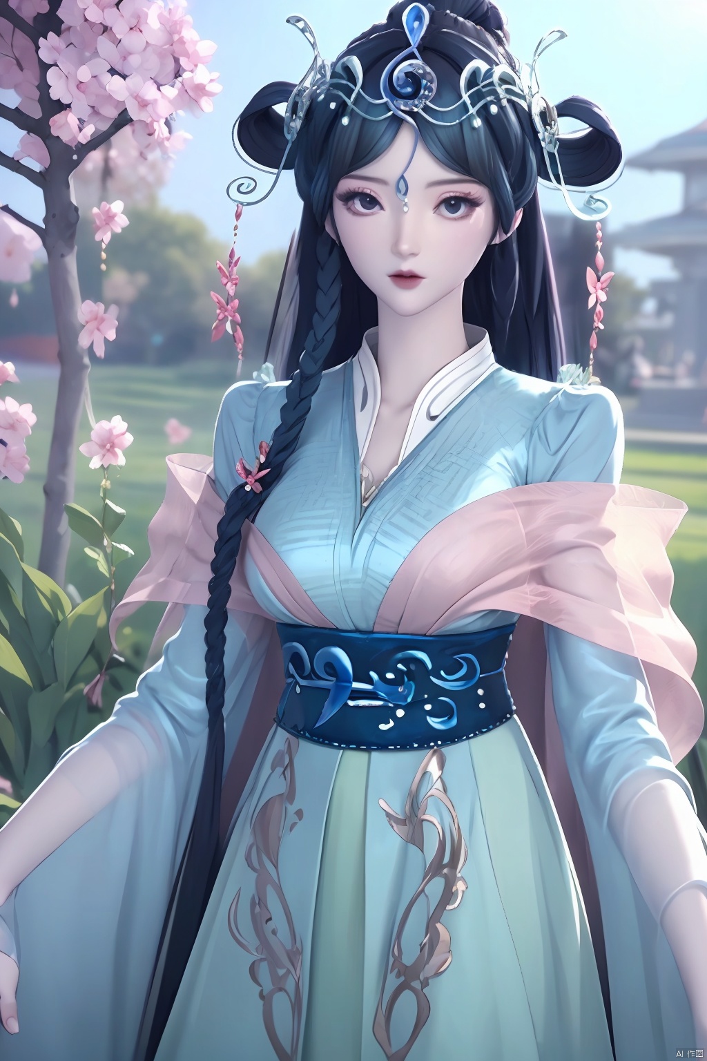 
upper body,flower field,

1girl, solo, long hair,  hair ornament, long sleeves, dress,  braid, twin braids, sash, blue dress, hair rings,Blue black hair,masterpiece,best quality,official art,extremely detailed CG unity 8k wallpaper,