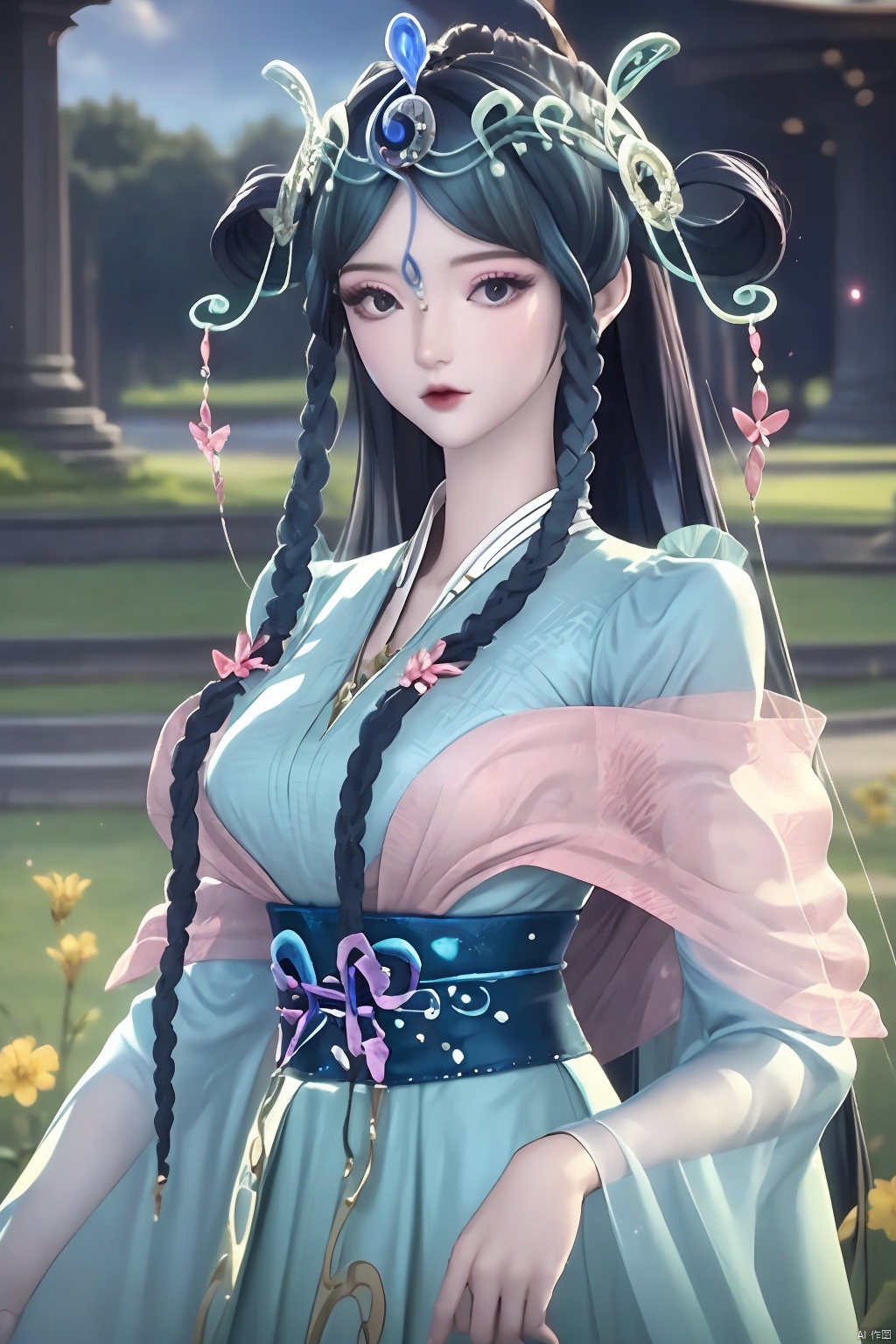 
upper body,flower field,

1girl, solo, long hair,  hair ornament, long sleeves, dress,  braid, twin braids, sash, blue dress, hair rings,Blue black hair,masterpiece,best quality,official art,extremely detailed CG unity 8k wallpaper,
