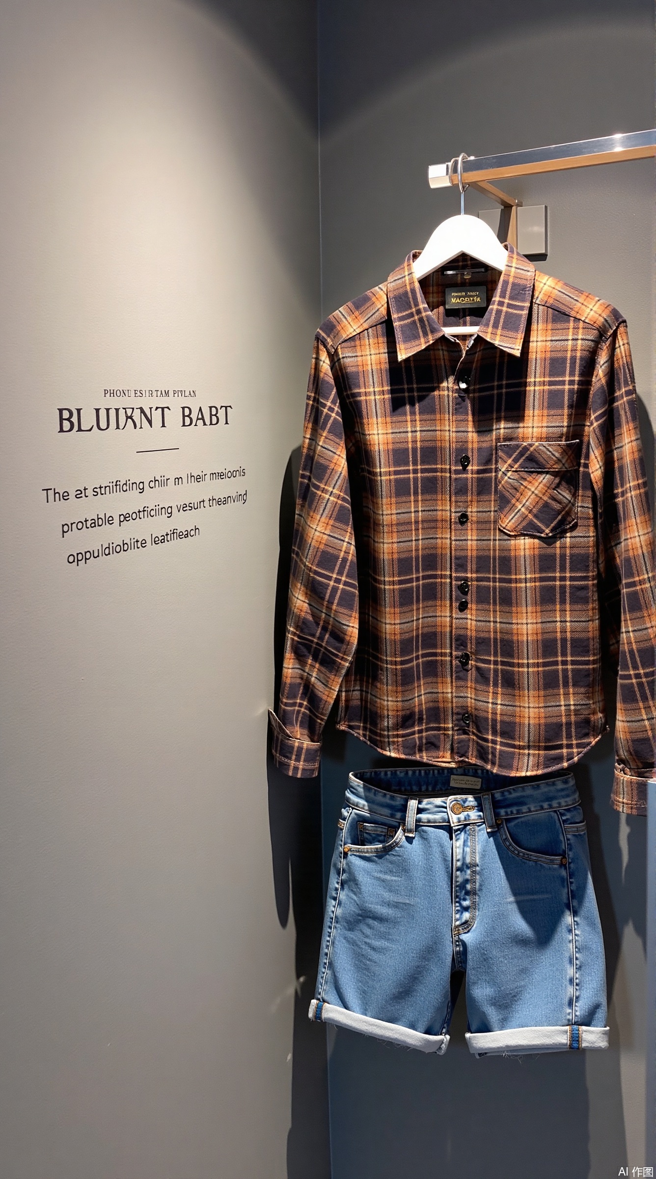 Clothing description section:
1. Checked shirt: Scottish checked cotton shirt with brown and black intertwined, adopts a classic lapel design, buttoned placket with left chest patch pocket, and single-button closure structure at the cuffs.
2. ​Denim Shorts: Mid-waisted blue denim shorts, the hem is treated with old breasts, the side seams retain the original edge details, and the back waist buckle can be adjusted and tight.
Booth display plan:
1. Mounting method:
• The shirt adopts a positive display (the hanger supports the shoulder line), highlighting the symmetry of the plaid and the collar cut.
• The shorts are hung on the adjacent display stand (the waist facing outward), showing the rear bag line technology and overall layout 4
.
2. Color matching:
• The background uses a cool-toned light gray display board, which forms a neutral contrast with the brown and black plaid to avoid blue walls from interfering with the denim item 5
.
3. Props embellishment:
• Mini metal hooks are placed in the corner of the booth, and canvas belts in the same color (echoing the brown tone of the shirt)
2
.
• Lower floor booth flat vintage bronze button set, reinforced workwear style theme 4
.
Lighting and details:
• Use 45° oblique spotlight to highlight the plaid texture of the shirt and denim fabric texture4
.
• The shirt hem is naturally draped, and the spacing between it and shorts is 15cm, ensuring visual layering 5
.