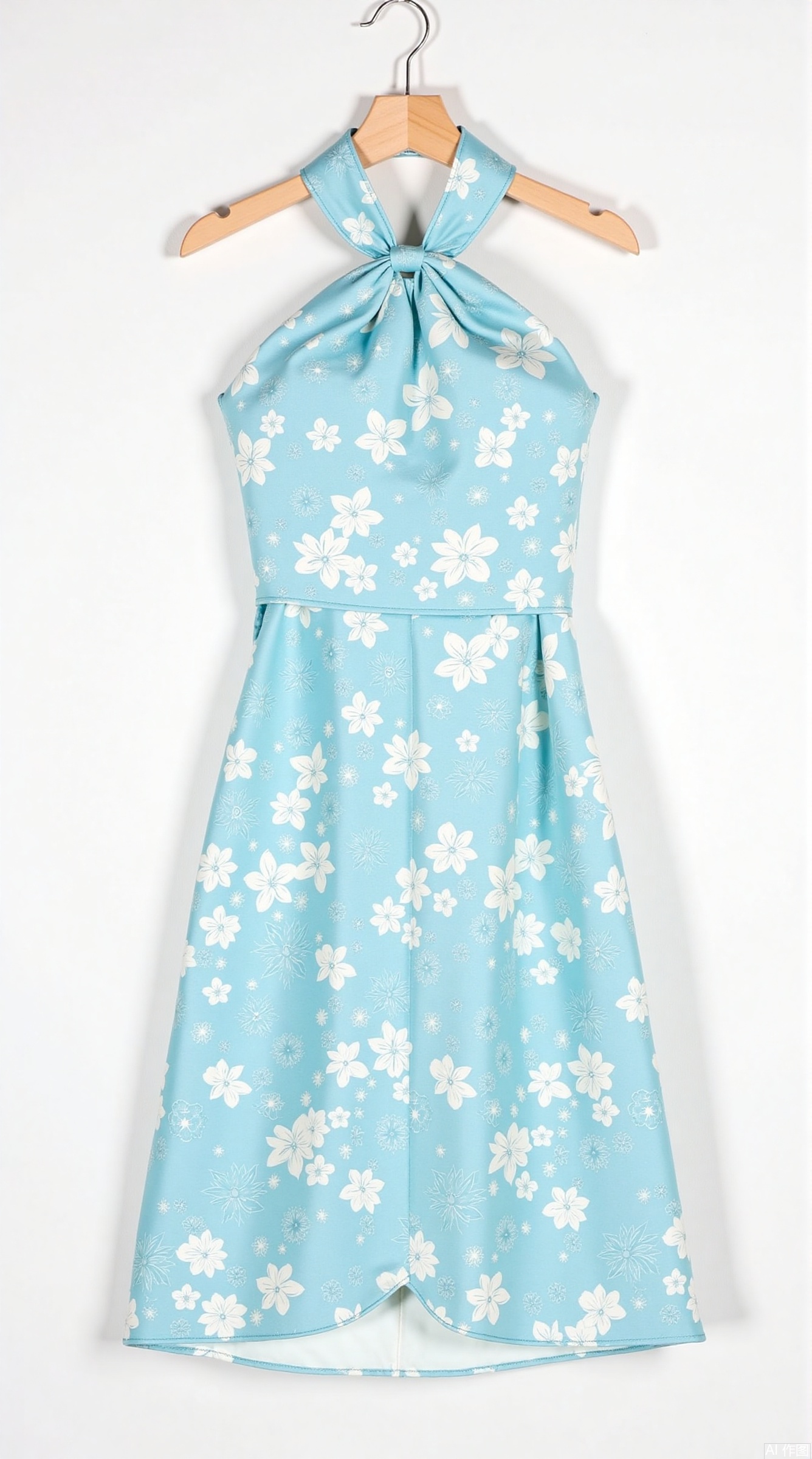 Main body: sky blue silk satin neck halter dress, full of fine brushwork floral patterns (main flower diameter 8-10cm)
Key details:

Collar type: halter-style cross-lace design, with pearl buckle at the end of the lace
Waist line: high waist cut (waist line is increased by 10cm), built-in invisible adjustment loop
Hem: micro A-shaped silhouette, skirt length and ankle (side slit height 25cm)



2. Display implementation plan

​Clothes hanger selection: 38cm curved mahogany hanger (anti-imitation bronze hook), surface wrapped with mulberry silk anti-slip layer